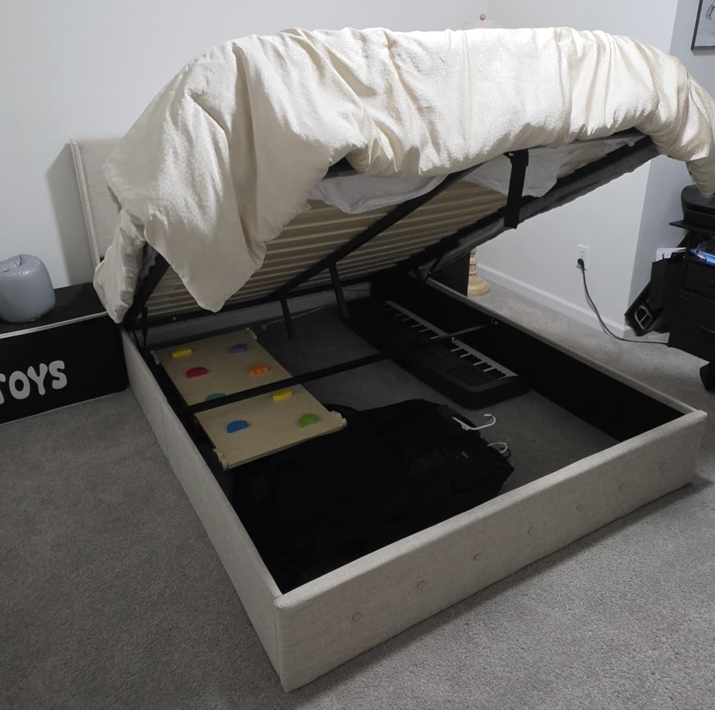 Allewie Queen Size Lift Up Storage Bed, Modern Wingback Headboard, Hydraulic Support, No Box Spring Needed, Light Beige customer photo 2
