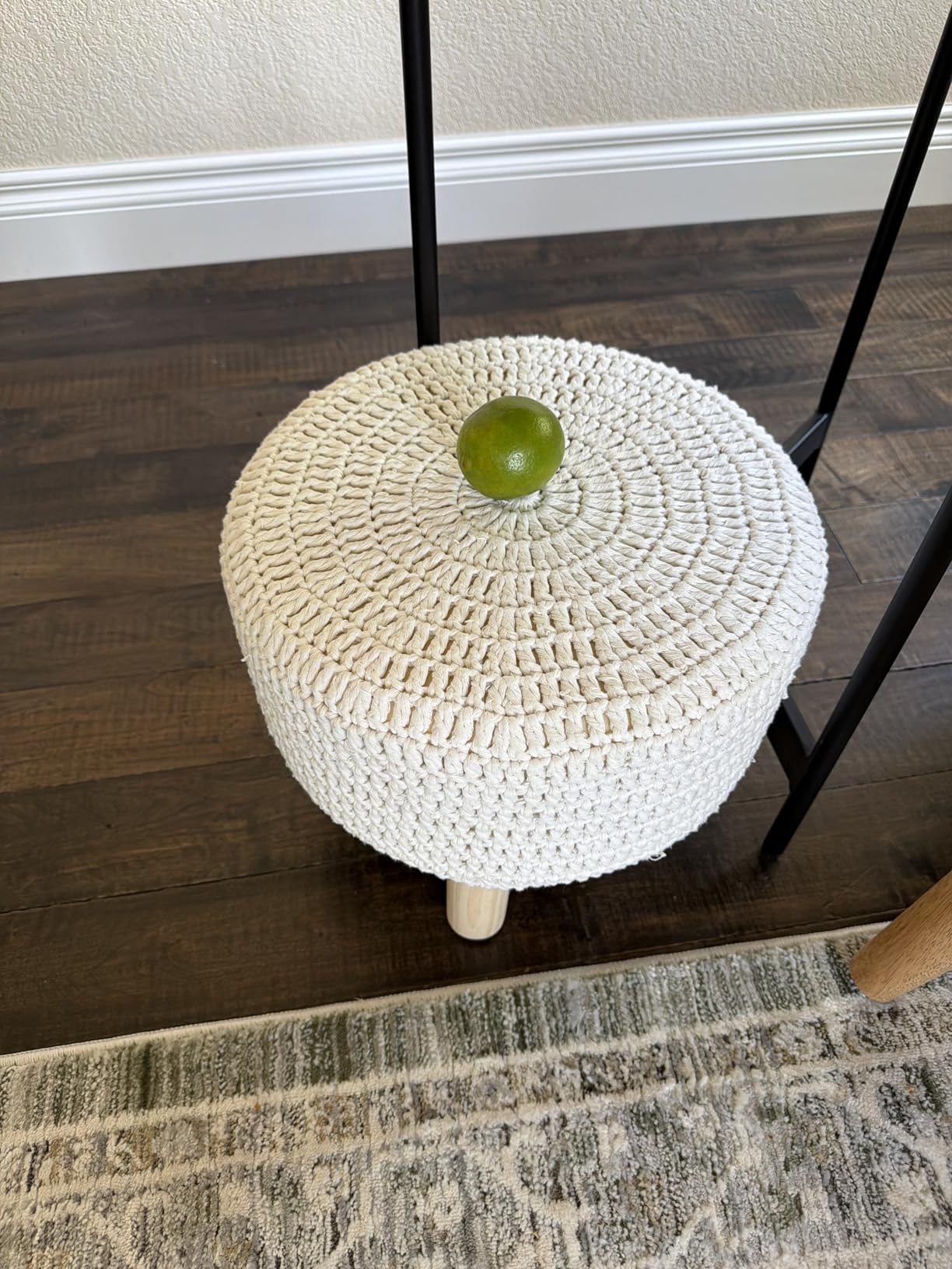 Wimarsbon Pouf Ottoman, 100% Cotton Knitted Boho Footstool, Round Footrest with Non-Skid Wood Legs, Home Decor Handmade Pouffe, Leisure Floor Step Stool for Living Room (Beige) customer photo 1