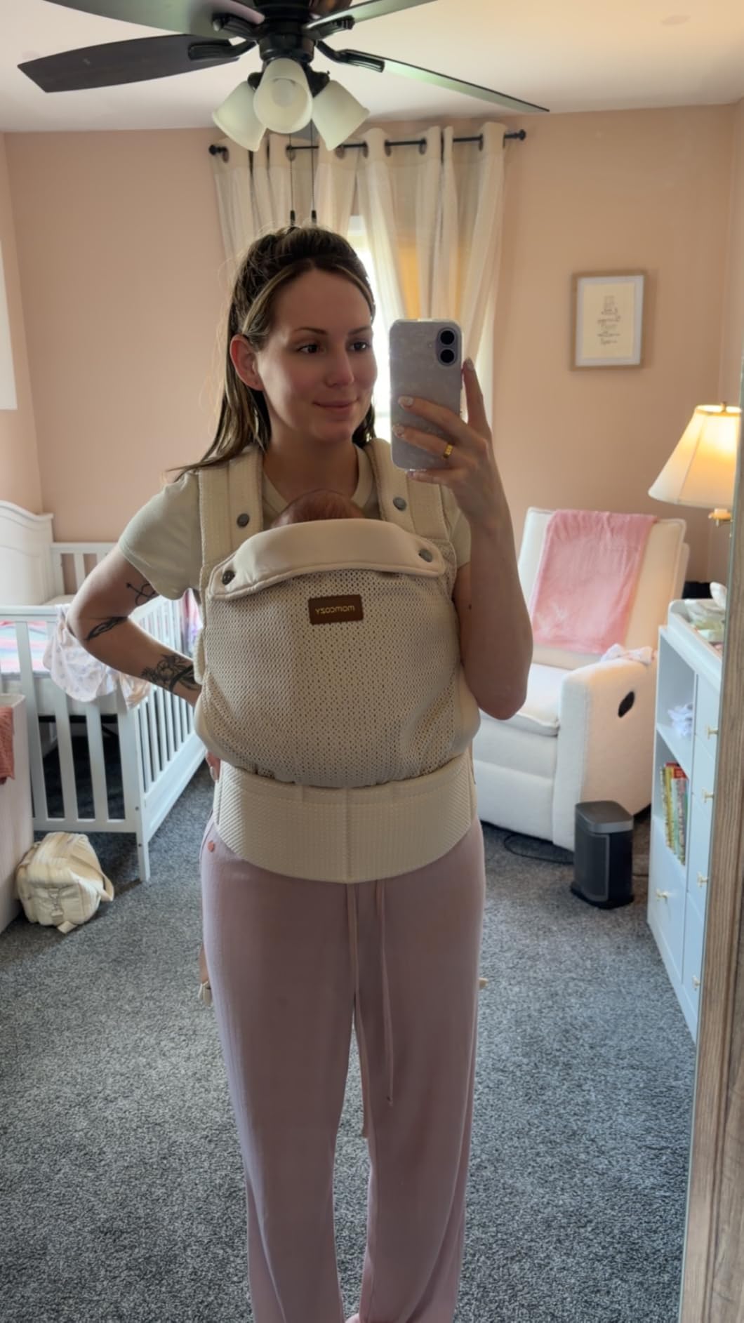Momcozy Baby Carrier - Ergonomic, Cozy and Lightweight Carrier for 7-45lbs, Effortless to Put On, Ideal for Hands-Free Parenting, Enhanced Lumbar Support, Purehug for Infant to Toddler, Khaki customer photo 1