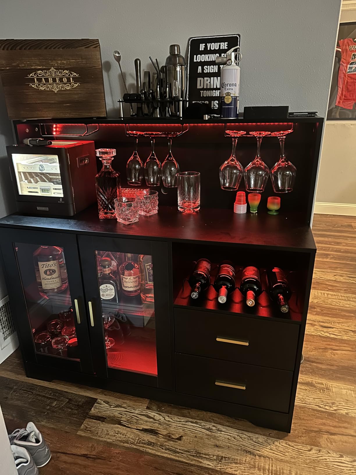 Bar Cabinet for Home with LED Light, Coffee Bar Cabinet w/ Wine & Glass Rack | Wine Cabinets with Drawers & Microwave Stand, Modern Liquor Cabinets for Kitchen, Living Room, Dining Room (Black) customer photo 1