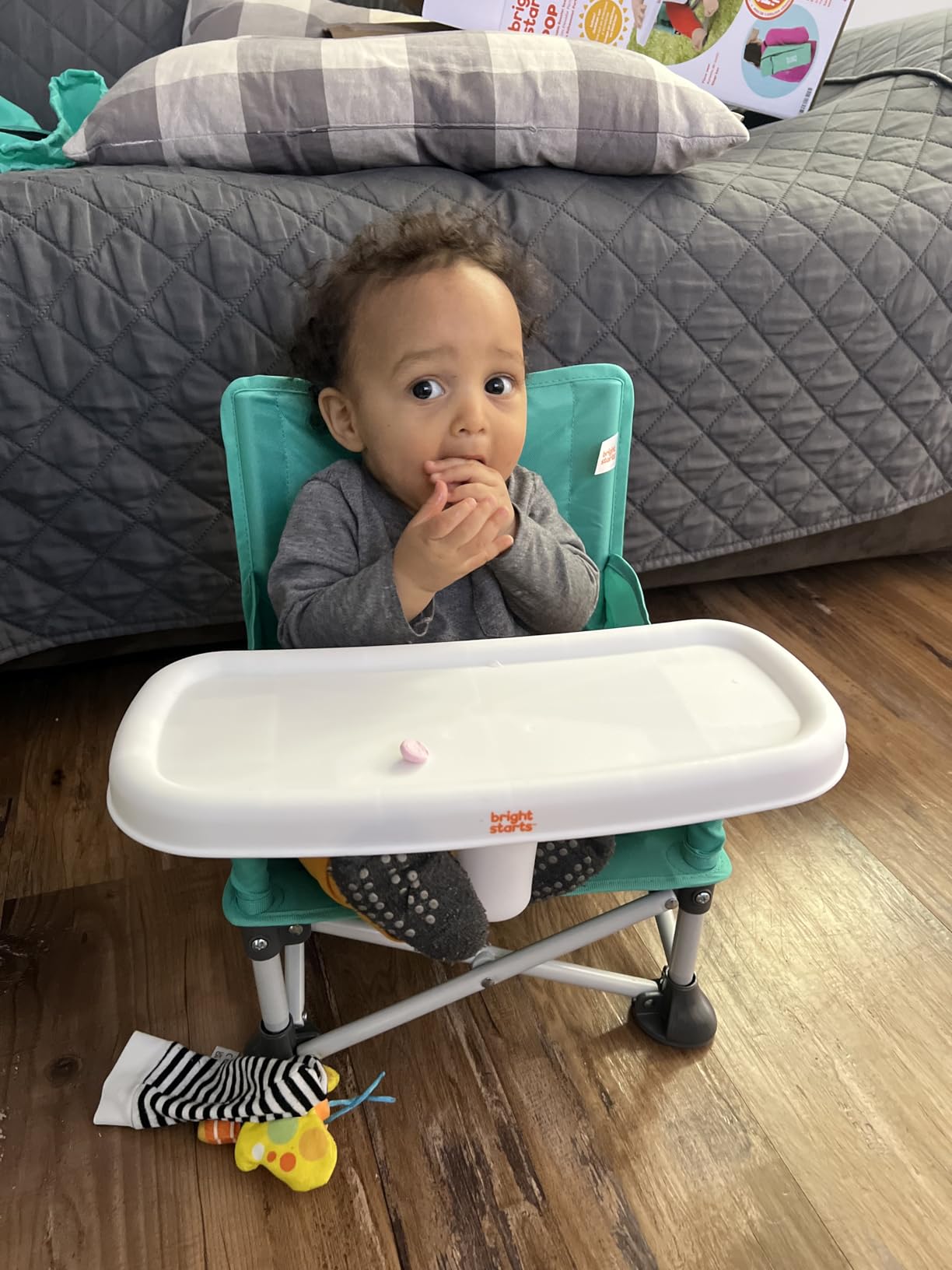 Bright Starts Pop 'N Sit Portable Booster Seat, 3-in-1 Floor Seat, Travel High Chair & Toddler Booster with Feeding Tray, Indoor/Outdoor, Grey, 6 Months to 3 Years customer photo 2