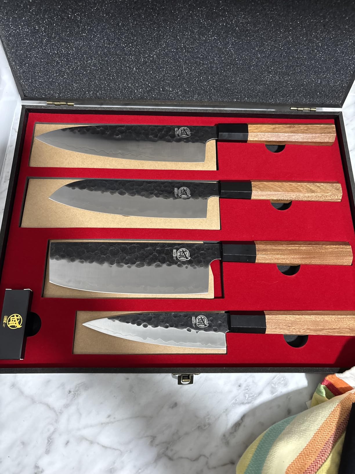MITSUMOTO SAKARI 4-Piece Japanese Chef Knife Set, 9Cr18MoV Steel | Gyuto, Santoku, Nakiri and paring knives, 3-layer 9Cr18MoV steel, rosewood handles, sandalwood box customer photo 1