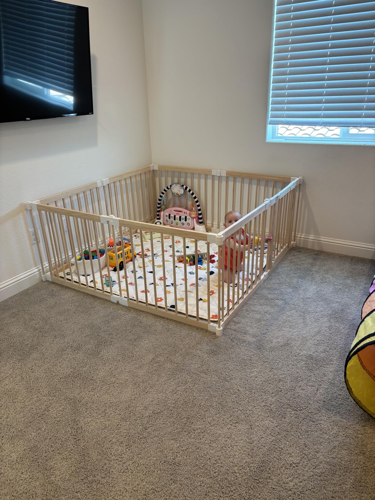 Foldable Wooden Baby Playpen Large Play Yard for Babies, 2-in-1 New Mom Helper Portable Fence, 25 inch Tall Custom Wood Gate with Adjustable Size & Shape for Infants 3-18 Months -63x63x25 inch customer photo 1