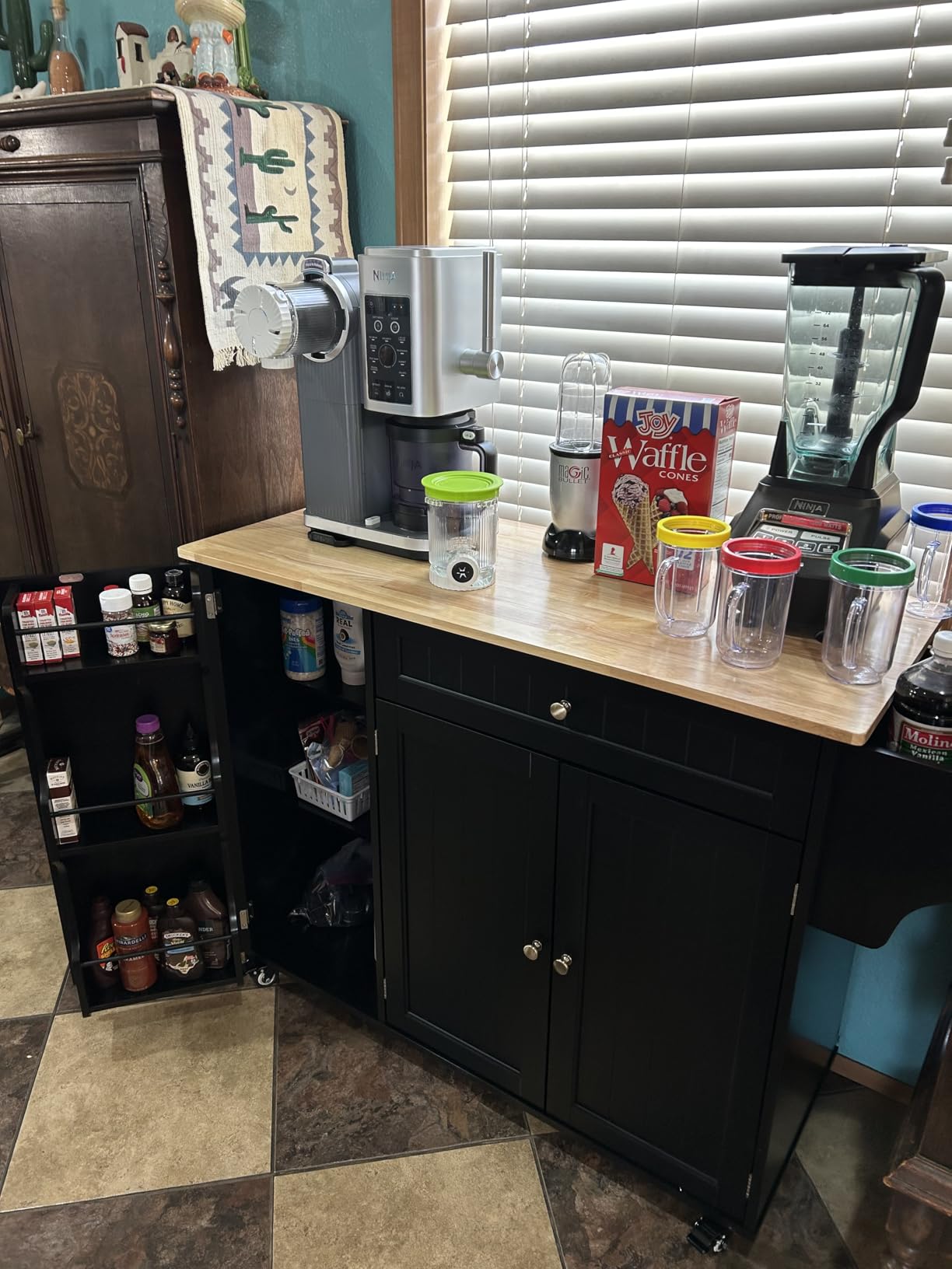 Ahomly Kitchen Island with Storage, Island Table for Kitchen with Drop Leaf, 5 Wheels, Internal Storage Rack, a Drawer, Spicy Rack and Towel Bar, Sufficient Countertop Space and Storage, White customer photo 1