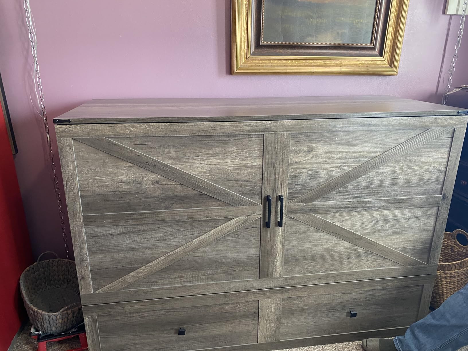 AMERLIFE Queen Murphy Bed with Storage & Charging Station, Farmhouse Murphy Cabinet with Foldable Panel, Noisy Free, for Living Room, Guest Bedroom, Office, Rustic Grey customer photo 2