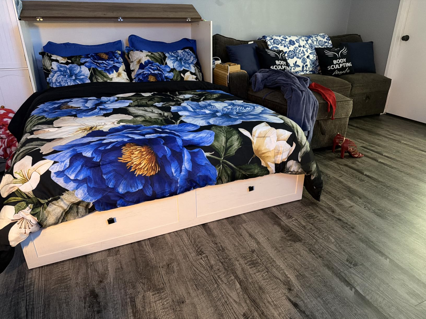 LUXOAK Murphy Bed Queen Size Cabinet Bed with Charging Station, Large Storage Drawer for Home Office or Small Room, Hideaway Bed Foldable Platform Bed, Rustic Grey customer photo 1