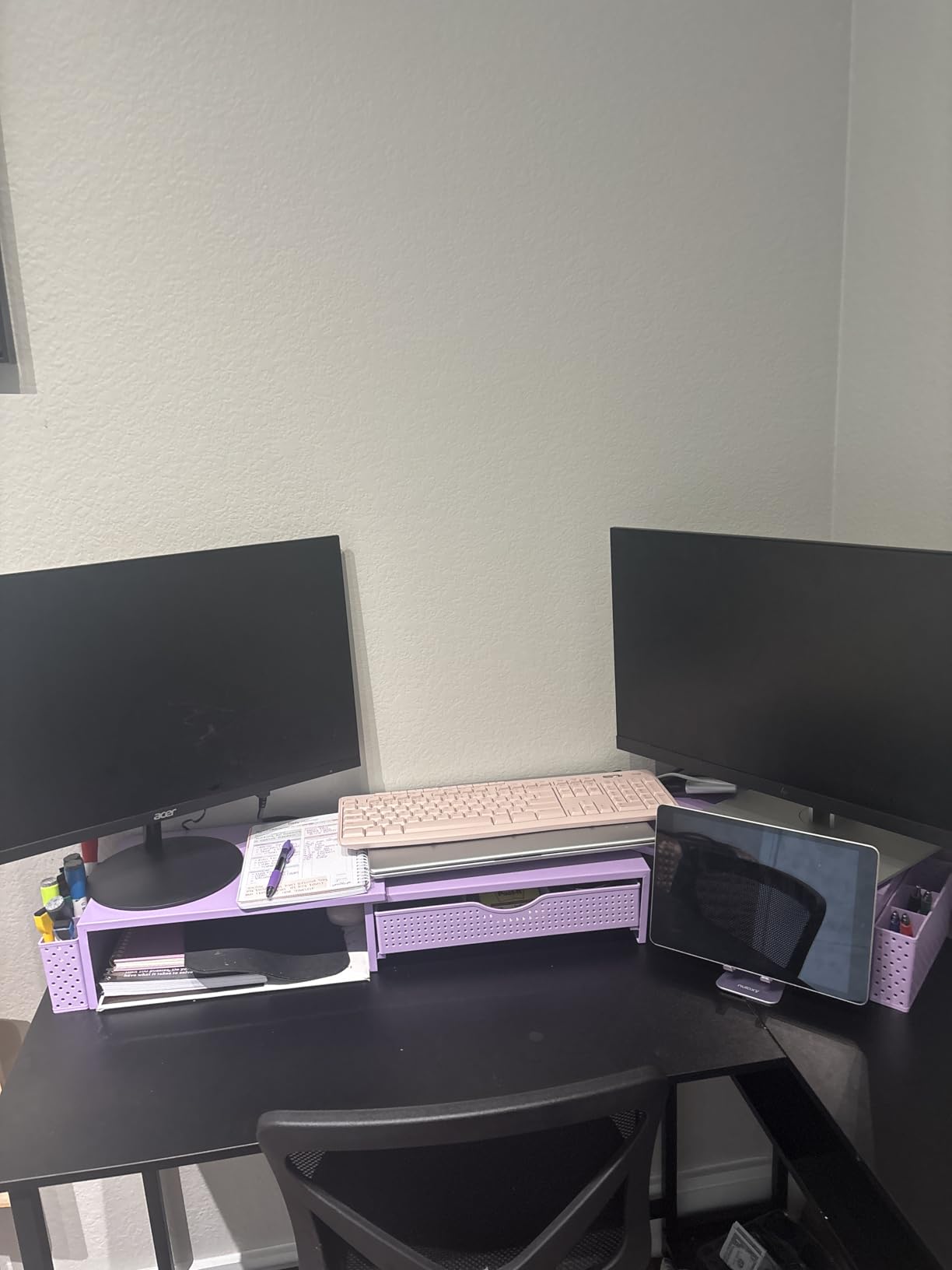 gianotter Dual Monitor Stand Riser, Desk Organizer With Drawer and 2 Pen Holders, Computer Monitor Stand, Desk Shelf for Top of Desk, Wood customer photo 2