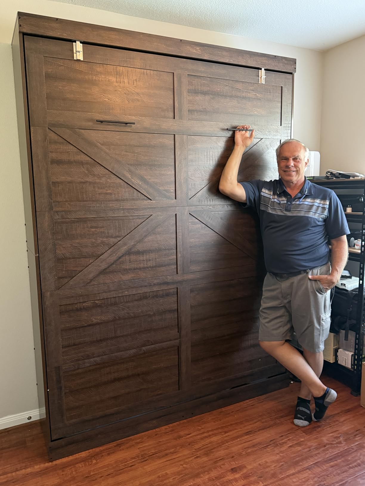 Hlivelood Queen Size Murphy Bed with 2 LED Lights, Farmhouse Wood Hidden Foldable Wall Bed Frame w/Gas Struts, Storage Bed Cabinet for Bedroom, Office, Space-Saving, No Box Spring Needed, Rustic White customer photo 1