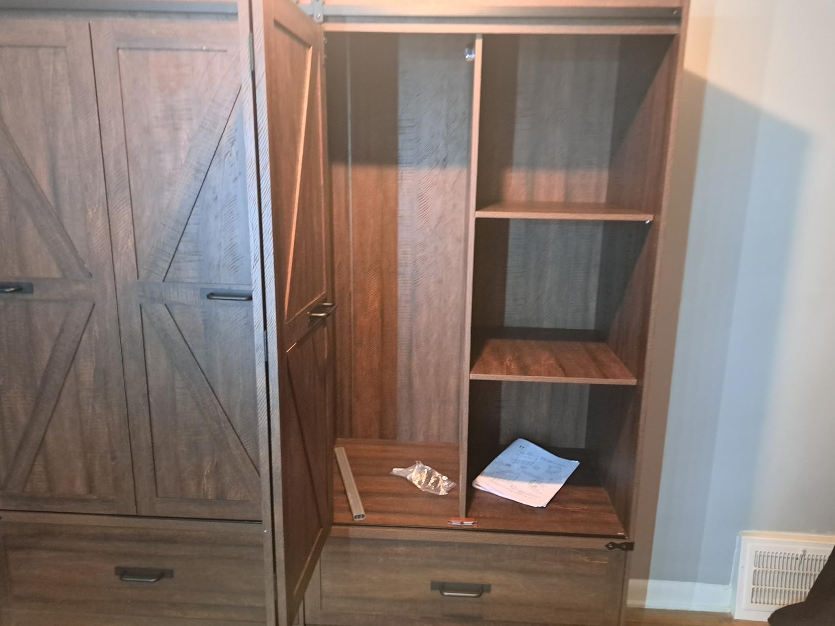 Farmhouse 4 Doors Armoire Wardrobe Closet w/Folding Sliding Barn Door and Lights, LED Armoire Closet w/Drawers for Bedroom, Freestanding Wooden Wardrobe Storage Closets w/Hanging Rod, Antique White customer photo 2