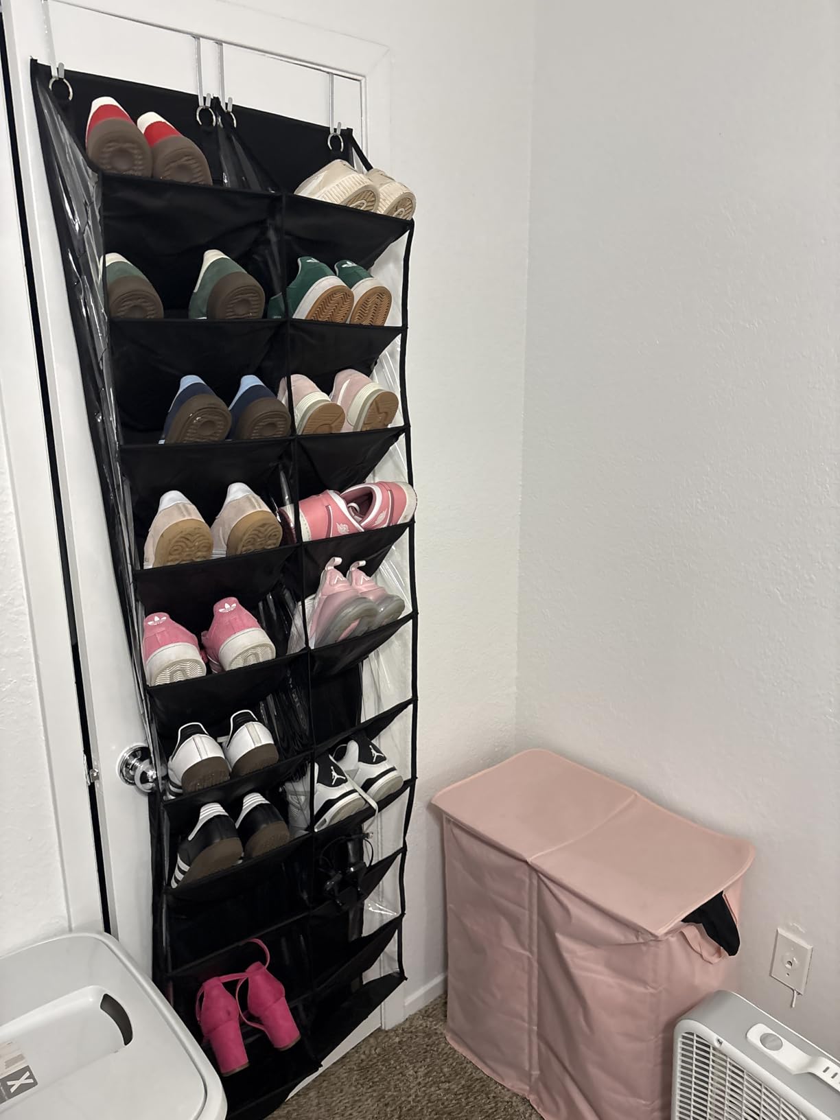UVIAHOMI 20-30 Pairs Over the Door Shoe Organizer, Clear Pockets Hanging Shoe Storage for Closet, 10-Tier Door Shoes Rack, Handing Shoes Holder Fit All the Family's Sneakers, Boots, Heels, Black customer photo 1