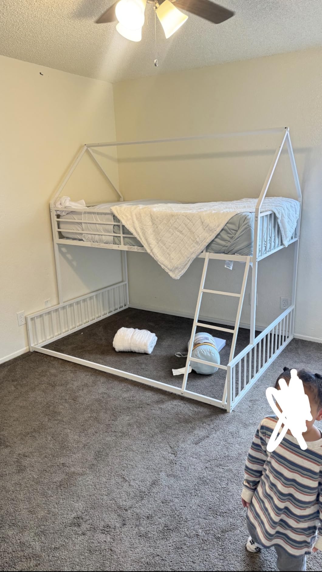 LIKIMIO Bunk Bed Twin Over Full Size, House Bunk Bed Frame with Ladder and Guardrail, House Shaped with Metal Slats Support No Box Spring Needed Space Saving for Bedroom and Dorm, White customer photo 1