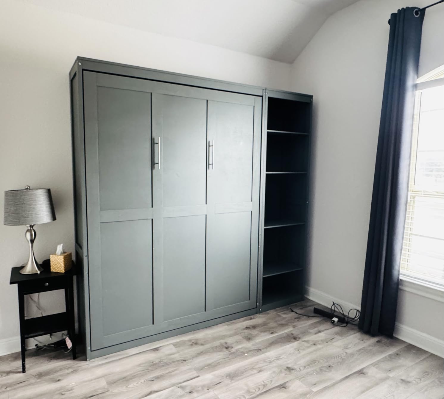 MERITLINE Queen Murphy Bed with Desk and Storage Shelves, Wood Hideaway Murphy Wall Bed with Storage Bookcase for Adults (Grey) customer photo 1