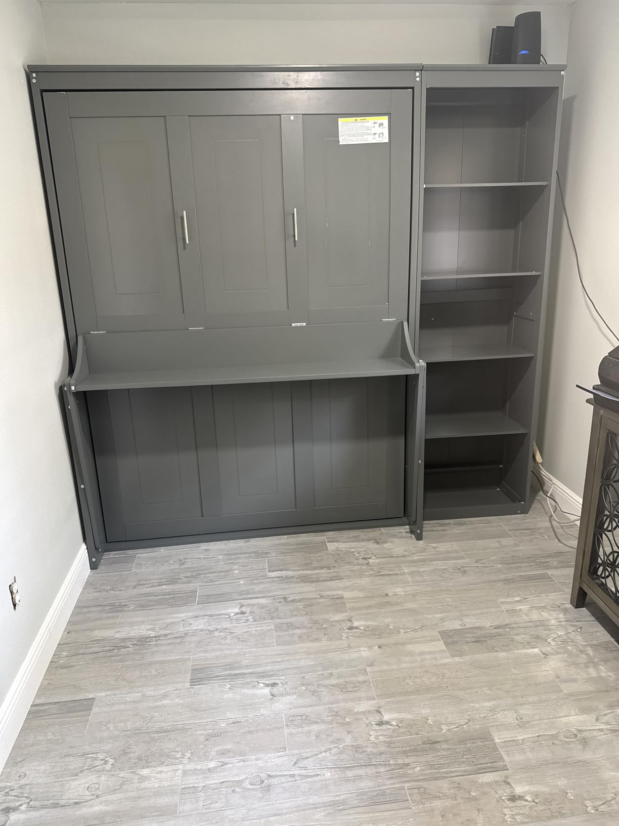 MERITLINE Queen Murphy Bed with Desk and Storage Shelves, Wood Hideaway Murphy Wall Bed with Storage Bookcase for Adults (Grey) customer photo 2