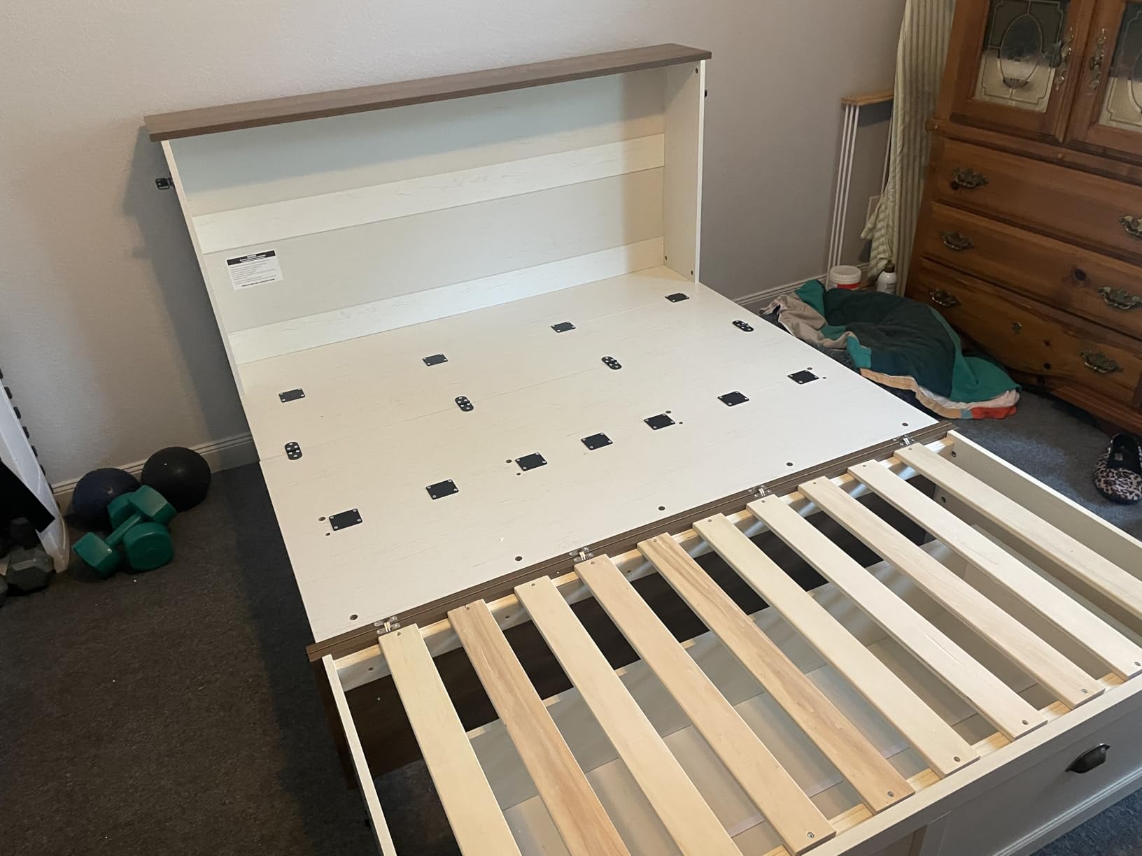 AMERLIFE Twin Size Murphy Bed, Farmhouse Wooden Cabinet with Charging Station and Storage Drawer for Bedroom/Office/Guest Room, Grey Oak customer photo 1