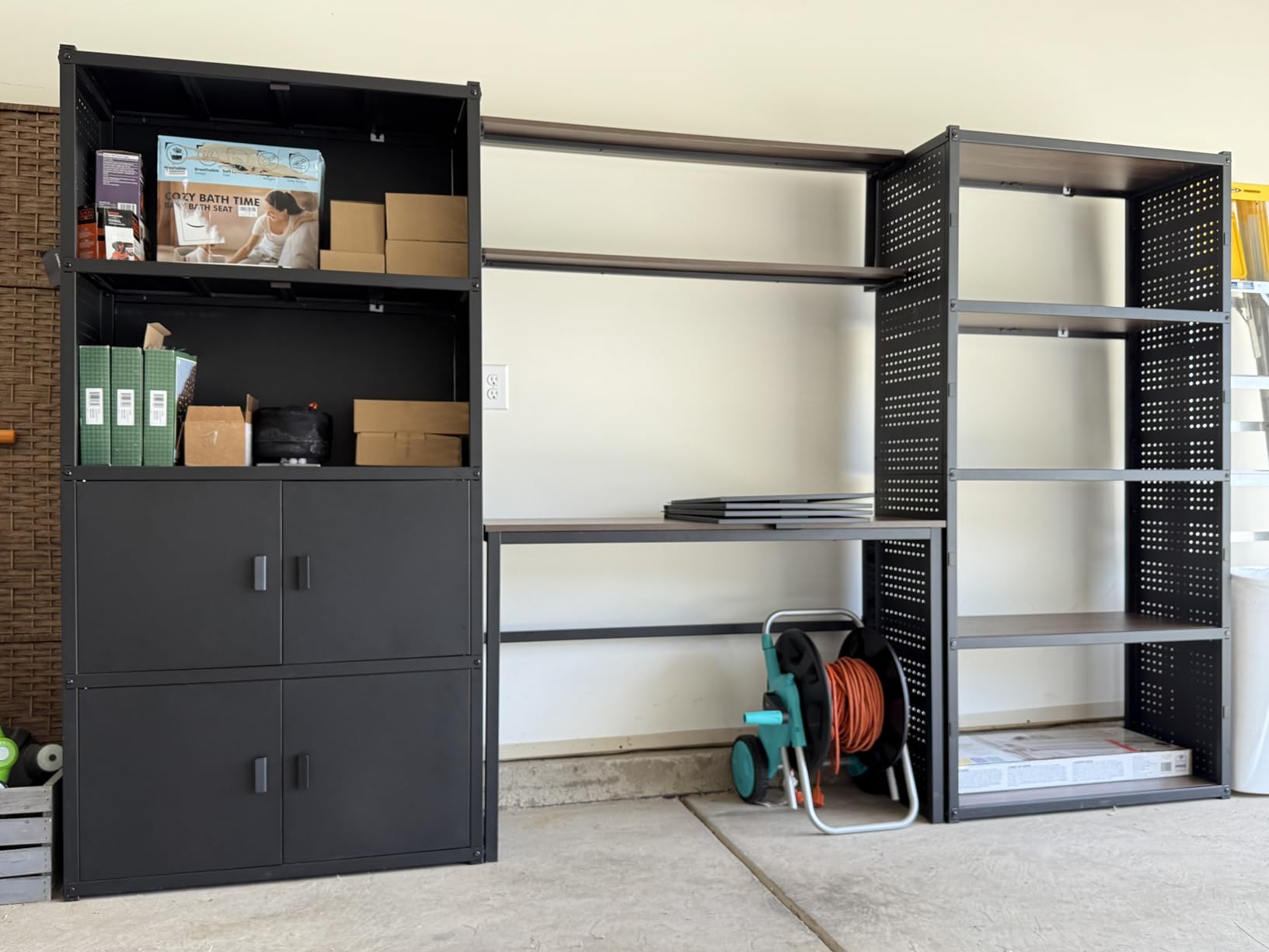 FLEXIMOUNTS Garage Storage Cabinet System, 3-in-1 Modular Metal Tool Cabinet w/Workbench and Metal Board Shelf Includes Pegboard, 129