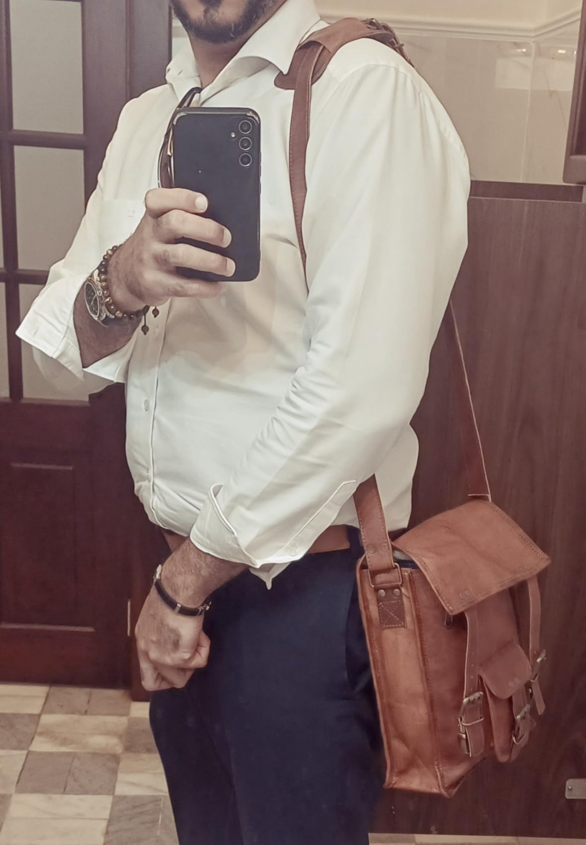 Leather crossbody bag messenger satchel tablet bag 11 inches for men and women (Brown) customer photo 2