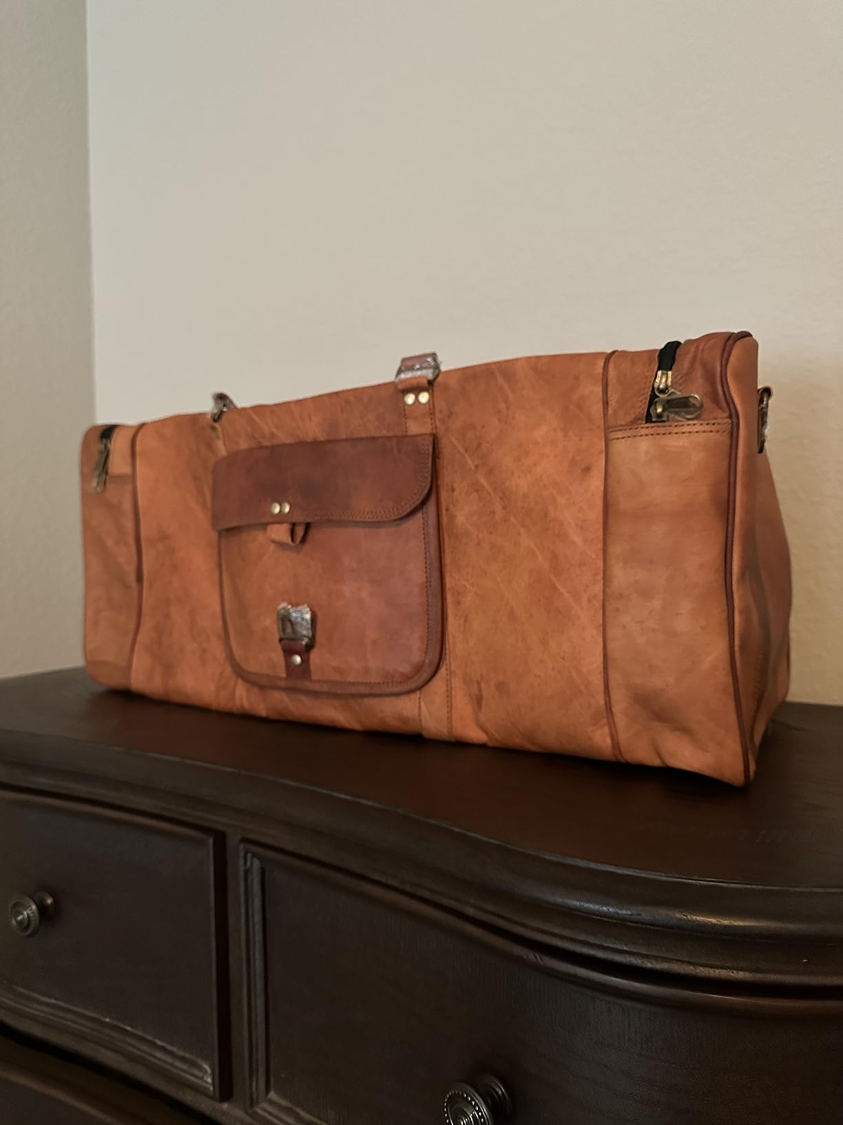 KK's Vintage Leather Duffel Bag, Handcrafted, Stylish & Durable, Ideal for Gym, Travel, Genuine Leather Travel Bag, Brass Rivets & Zippers Size 28