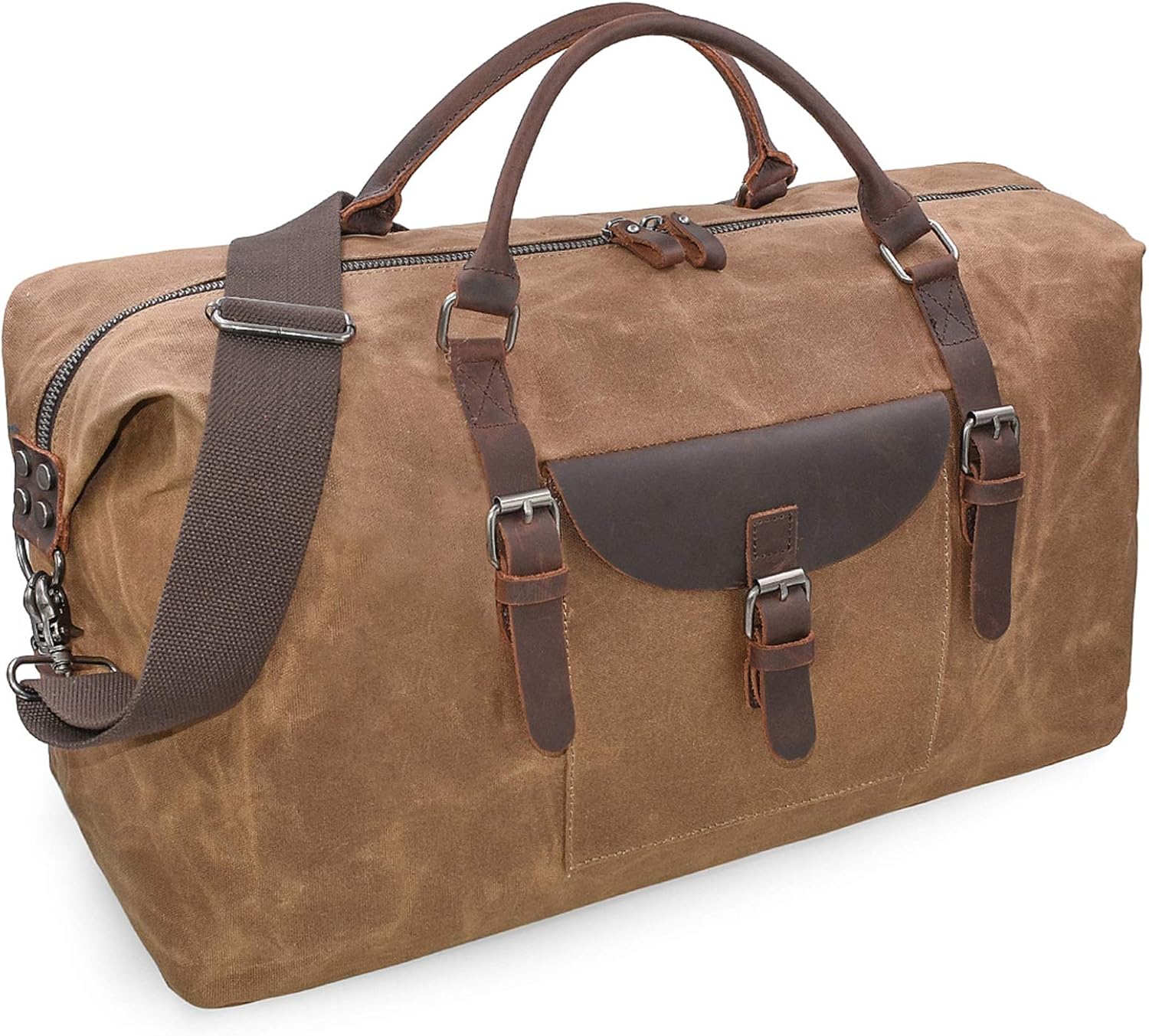 NEWHEY 55L Travel Duffel Bag, Waterproof Waxed Canvas & Leather Weekender Bag for Men, Large Carry-on Overnight Bag for 4-5 Day Business Trips & Weekend Getaways, Brown customer photo 1