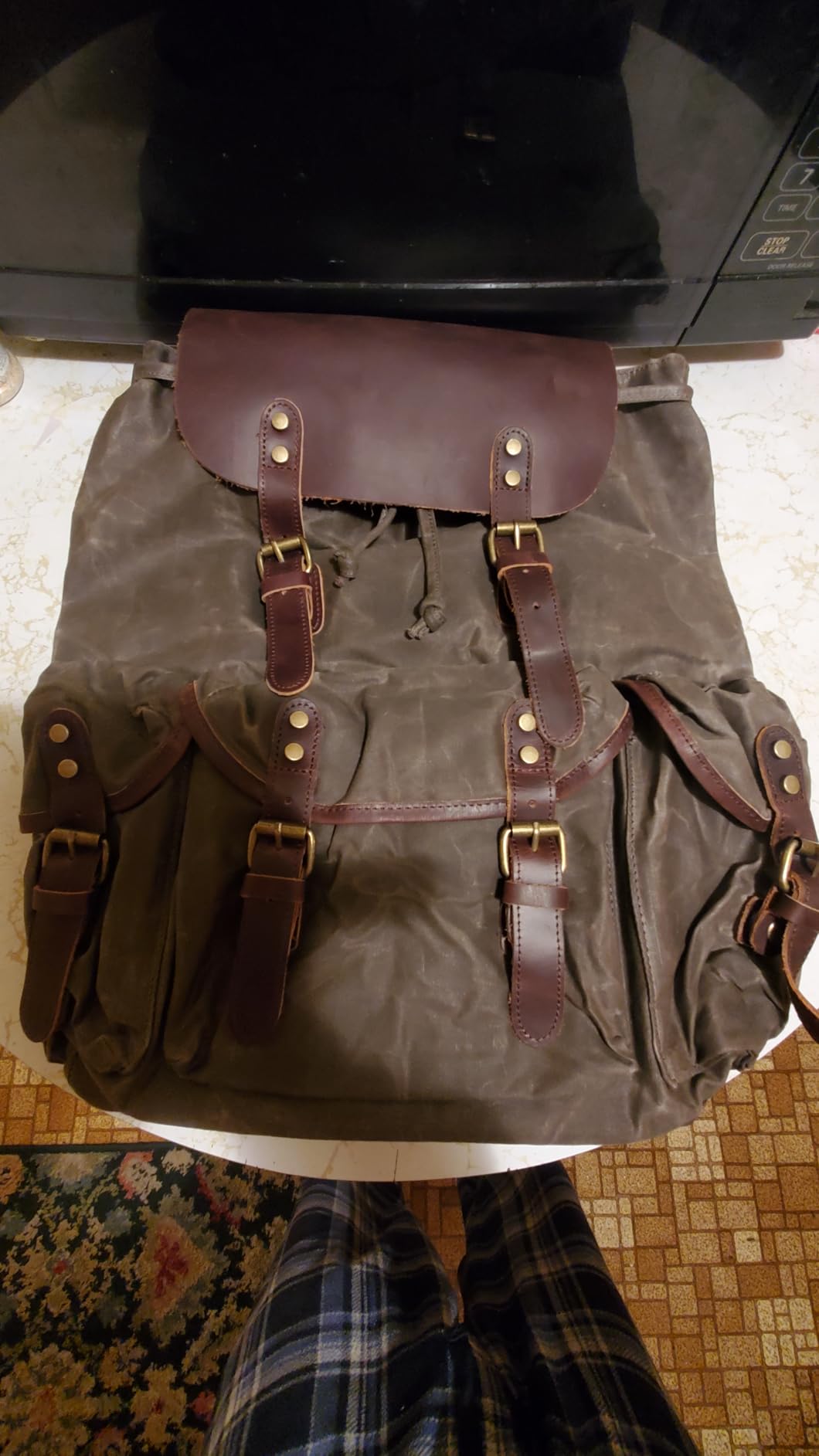 WUDON Leather Backpack for Men, Waxed Canvas Shoulder Rucksack Carry-On Travel Backpack customer photo 2