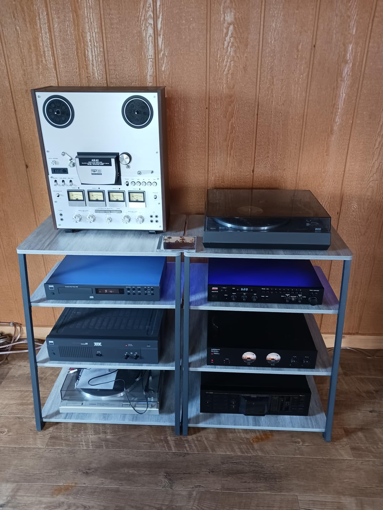 Besiost AV Media Stand with Outlets, Media Console with LED Lights, Stereo Racks and Stands with Storage Shelves, Media Audio Tower Cabinet, Rustic Brown customer photo 1