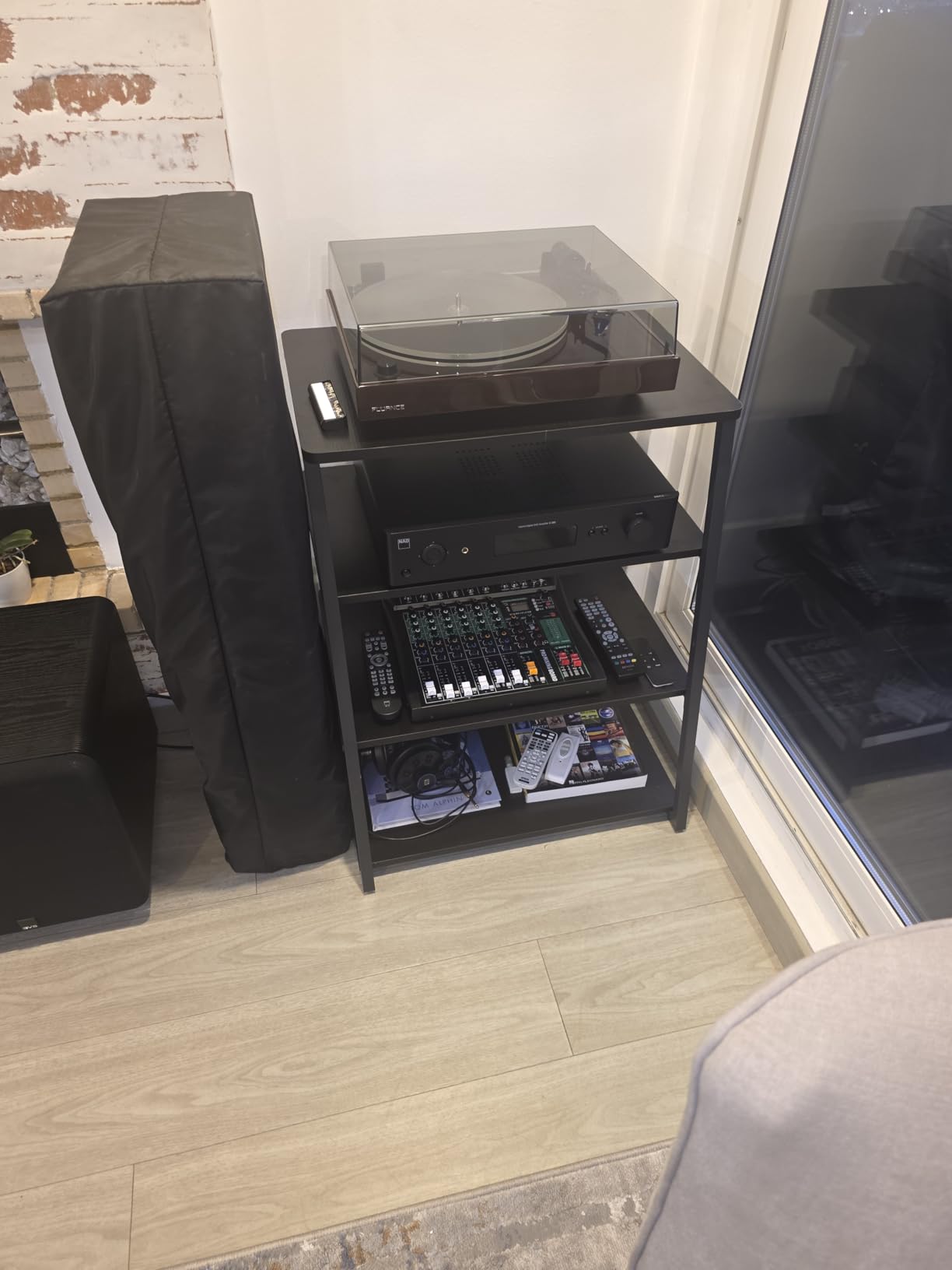 Besiost AV Media Stand with Outlets, Media Console with LED Lights, Stereo Racks and Stands with Storage Shelves, Media Audio Tower Cabinet, Rustic Brown customer photo 2