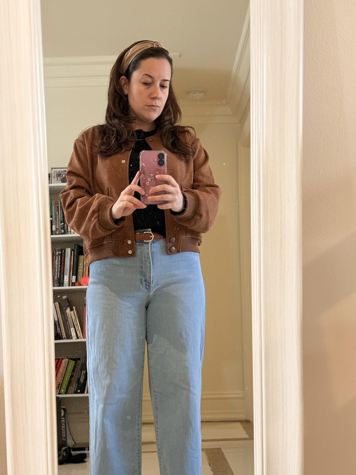 GRECERELLE Womens Faux Suede Leather Bomber Jacket Cropped Button Down Long Sleeve Casual Varsity Baseball With Pockets customer photo 1