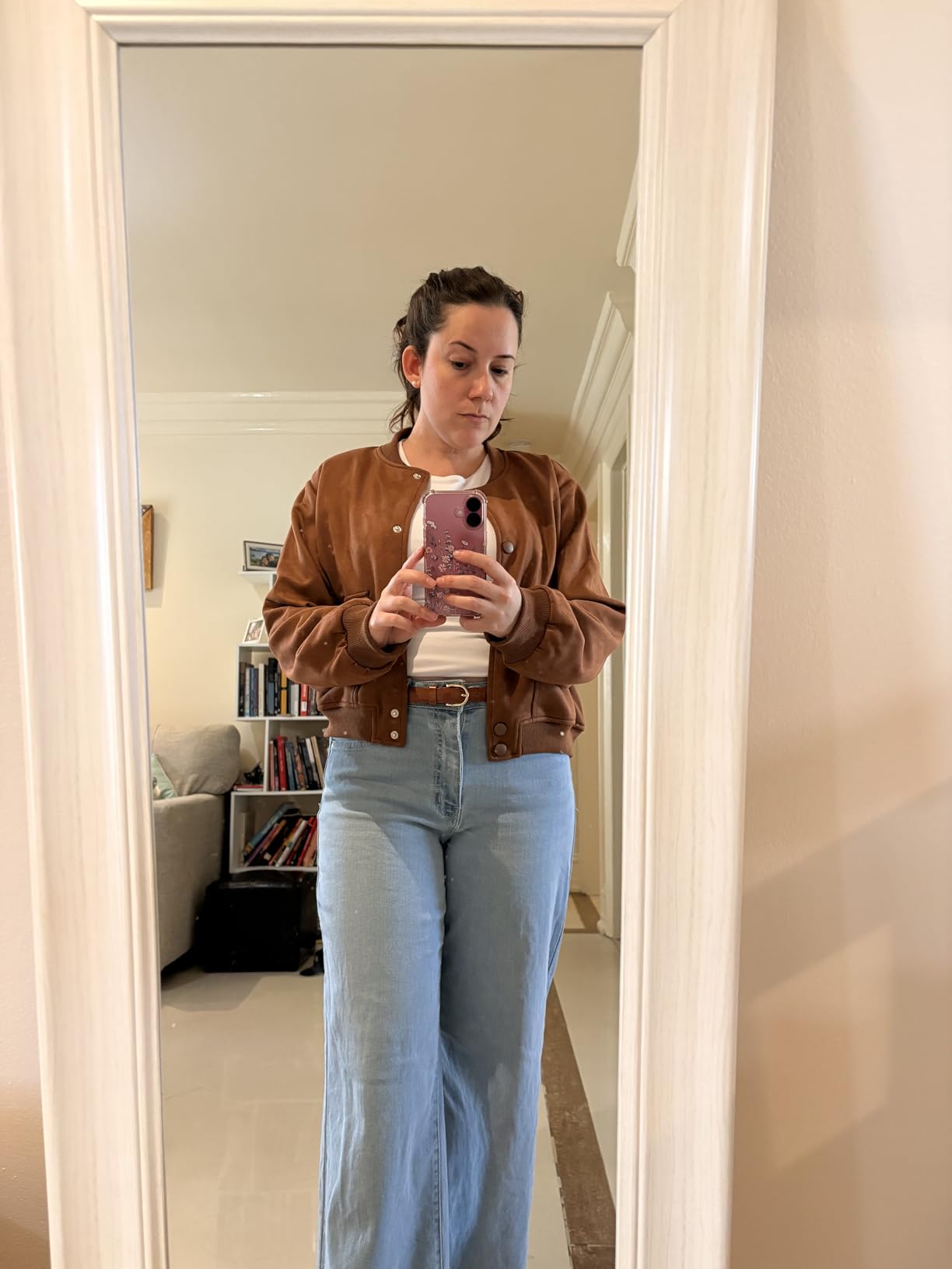 GRECERELLE Womens Faux Suede Leather Bomber Jacket Cropped Button Down Long Sleeve Casual Varsity Baseball With Pockets customer photo 2