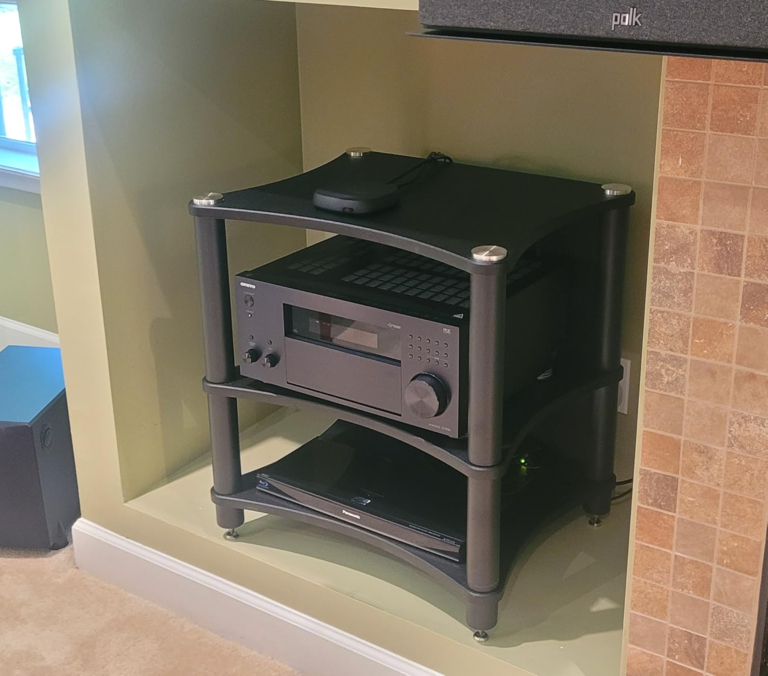 Heavy Duty 3-Tier AV Media Stand, 264 lb Load Capacity, Teak | anti-vibration feet that help reduce resonance for clearer sound, open ventilation, cable management, Built for Hi-Fi systems customer photo 1