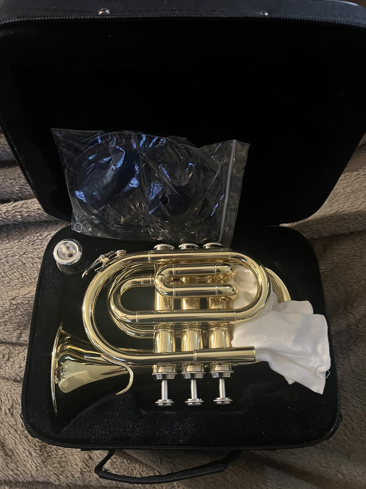 SONICAKE Pocket Trumpet Bb Flat - Gold Lacquer Brass Mini Trumpet Full Kit for Beginners Students with 7C Mouthpiece, Hard Case, Gloves & Cleaning Kit QPT-01 (Golden) customer photo 2