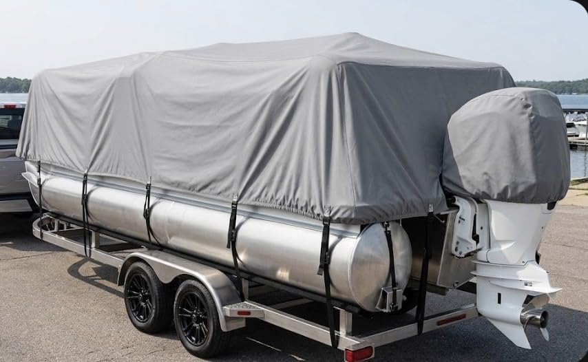 Heavy Duty Pontoon Boat Cover with Support Poles - 1200D Waterproof Pontoon Boat Cover 17-20 ft, Includes Motor Cover & 14 Tie-Down Straps for Windproof Storage and Trailering, Black customer photo 2
