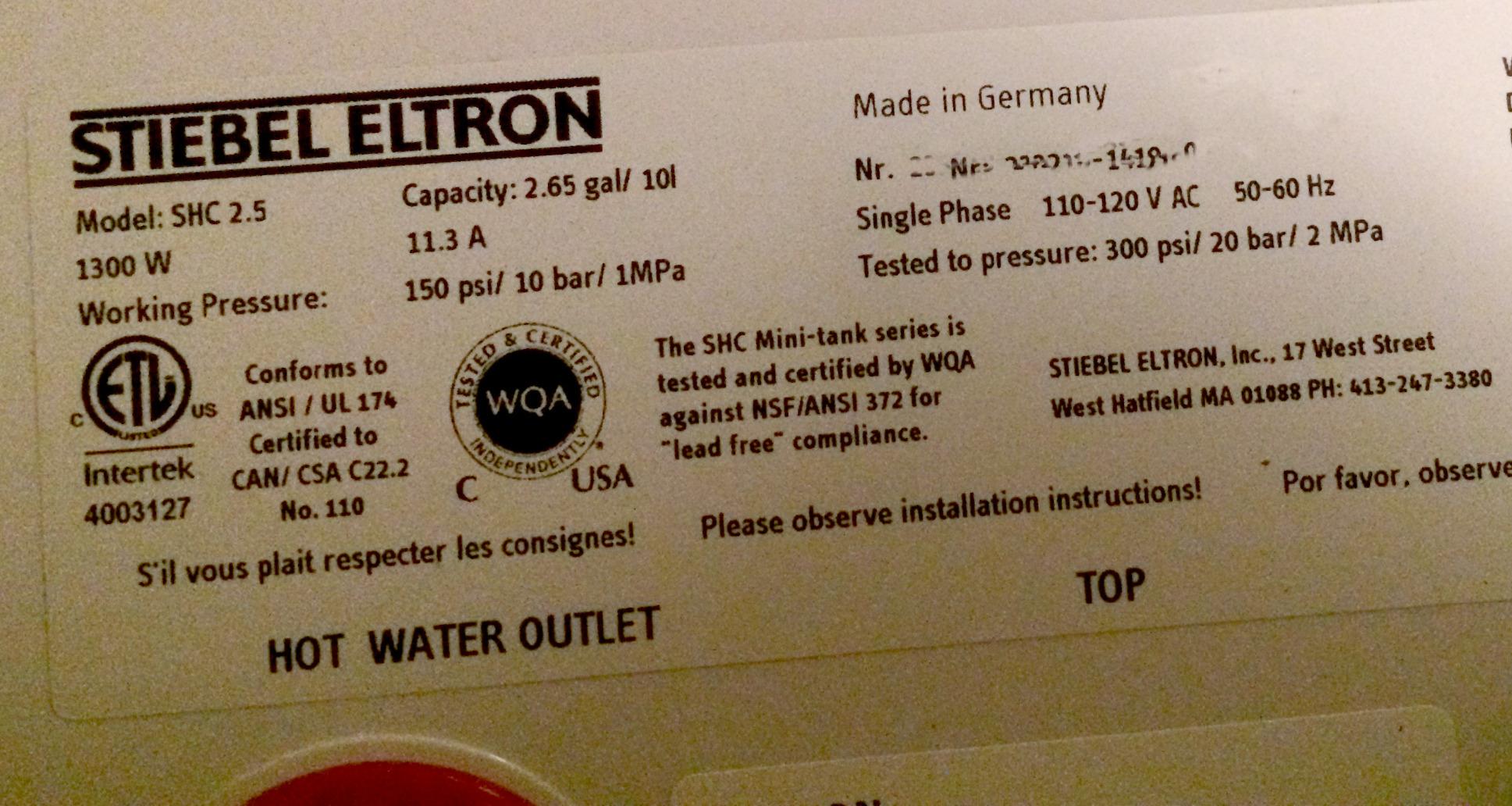 Stiebel Eltron 233219 2.5 gallon, 1300W, 120V SHC 2.5 Mini-Tank Electric Water Heater customer photo 2