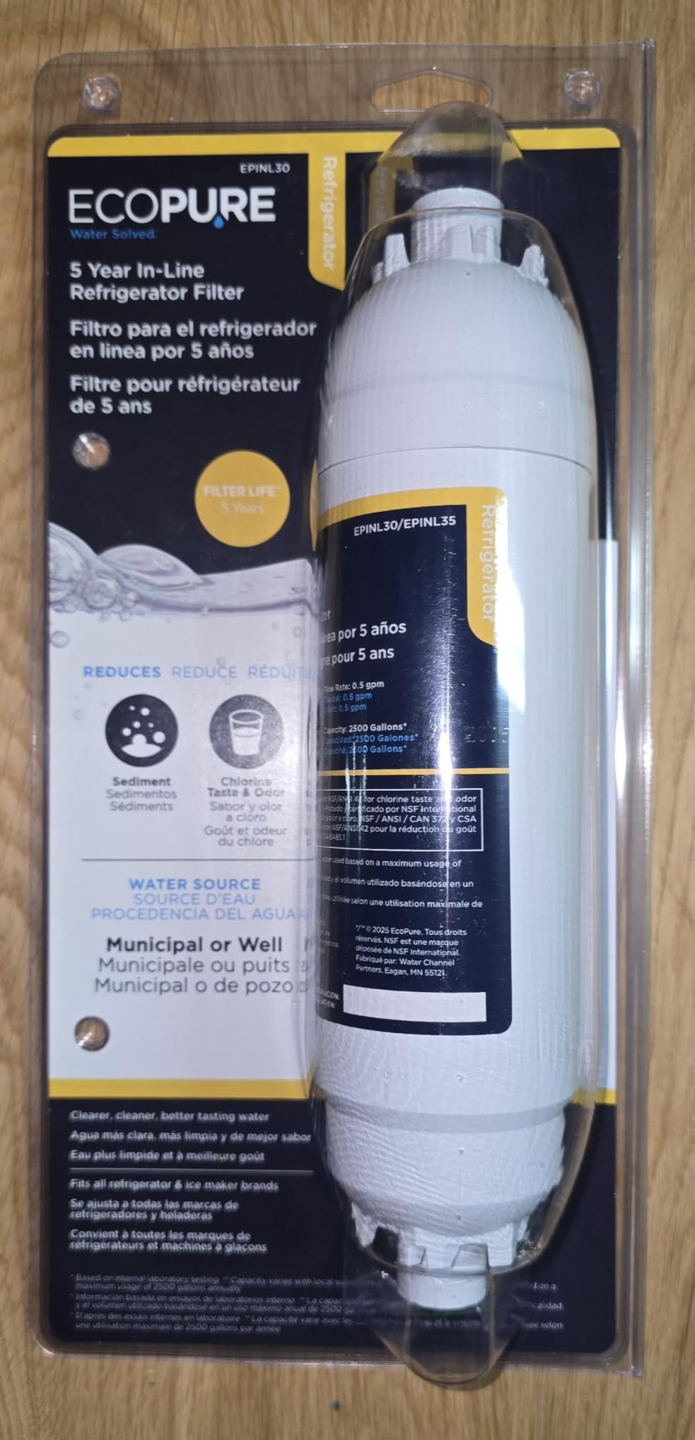 EcoPure EPINL30 5-Year In-Line Refrigerator Water Filter - Universal Fit for Most Fridges, Ice Makers, RVs & Boats - Reduces Chlorine Taste & Odor - Easy DIY Install with 1/4