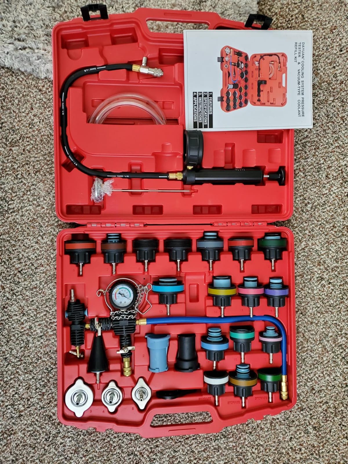 DAYUAN 28Pcs Universal Radiator Pressure Tester Kit Coolant Pressure Tester | Coolant Vacuum Refill Kit, Red Case, for Cooling Systems, 0-35 PSI Test Range, Detects Engine Leaks, Fits Most Vehicles customer photo 1