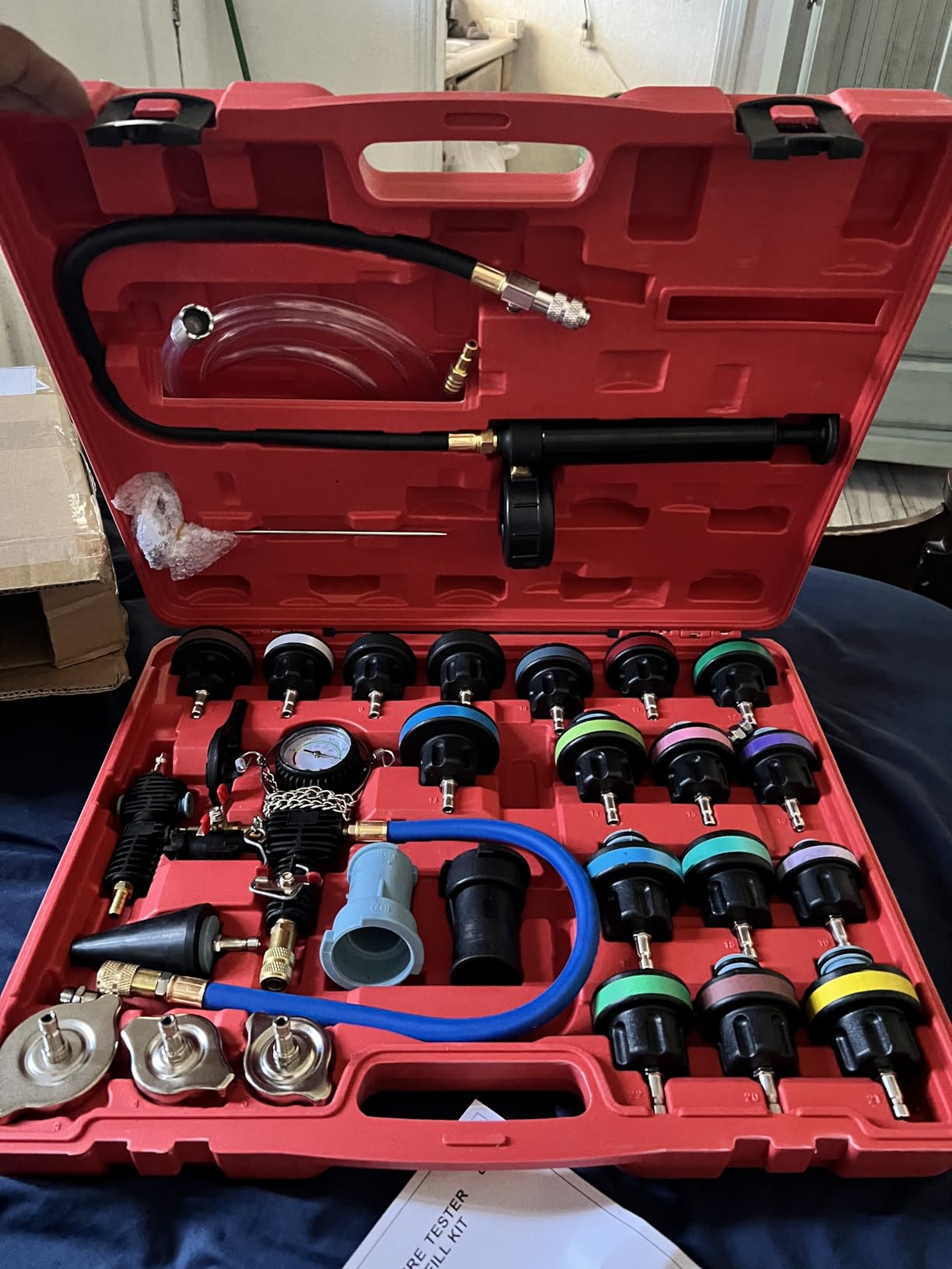 DAYUAN 28Pcs Universal Radiator Pressure Tester Kit Coolant Pressure Tester | Coolant Vacuum Refill Kit, Red Case, for Cooling Systems, 0-35 PSI Test Range, Detects Engine Leaks, Fits Most Vehicles customer photo 2