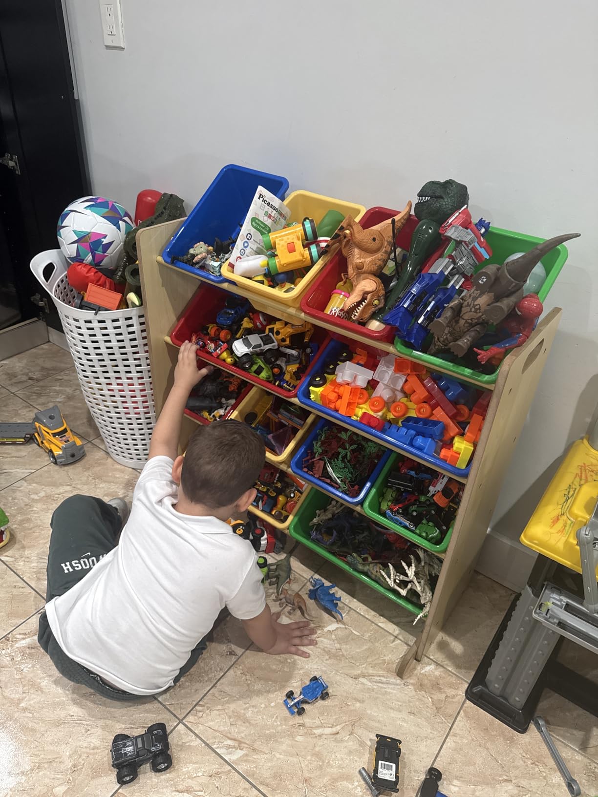 Humble Crew Kids Toy Organizer with 12 Bins, 4 Tier Storage for Playroom | Sturdy wood and steel toddler shelf, removable BPA-free containers, wall anchor anti-tip safety kit for bedroom or classroom customer photo 1