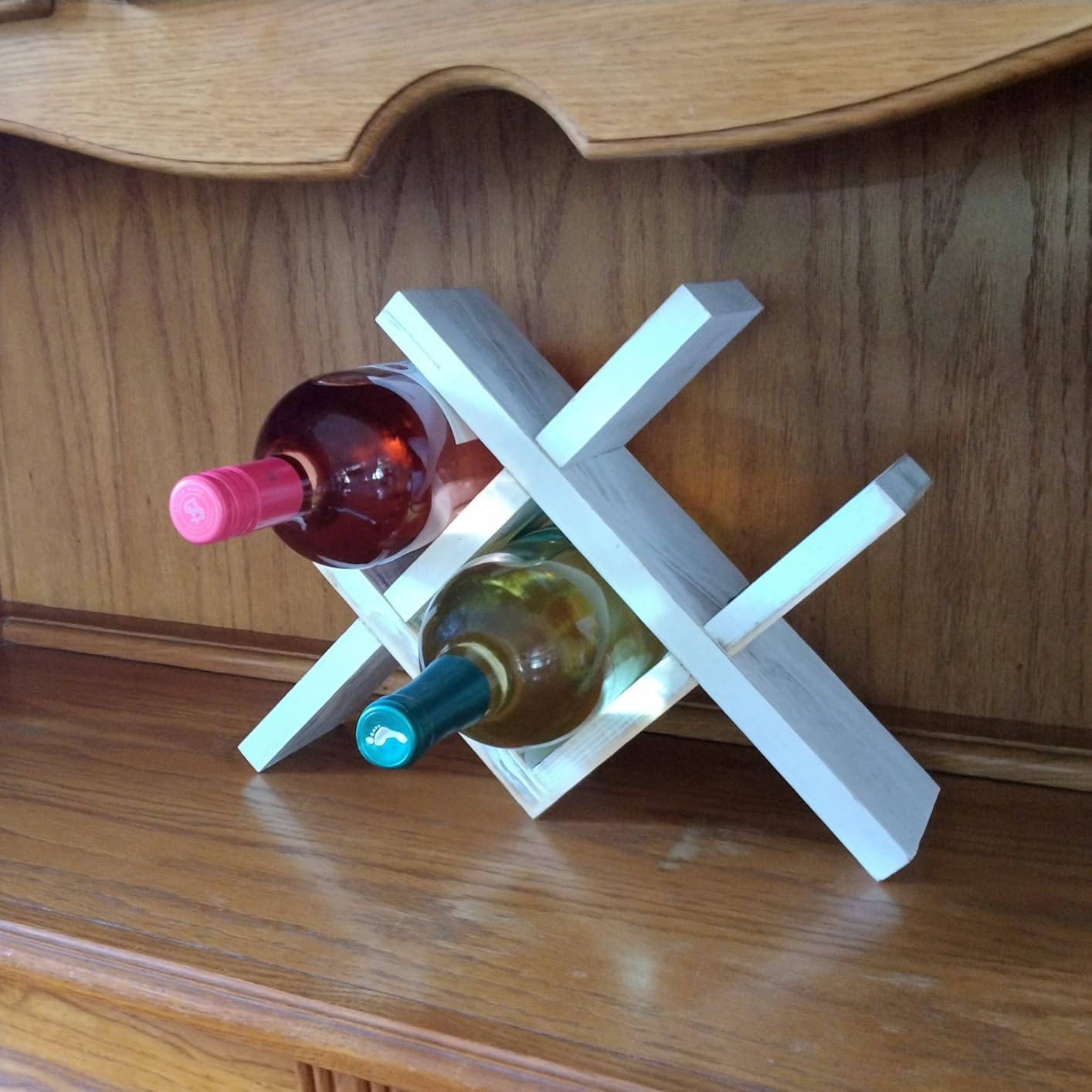 MyGift 4-Bottle Rustic Brown Wood Wine Rack for Countertop - Brushed Country Rustic Style, Compact Storage for Kitchen, Bar, Dining Room (Holds 750ml Bottles) customer photo 1
