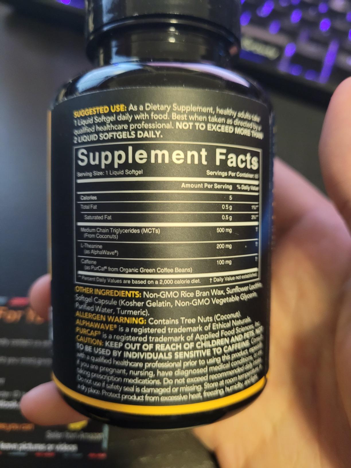 Sports Research L-Theanine + Caffeine Nootropic Supplement - 60 Softgels | Double Strength L-Theanine 200mg & Organic Caffeine 100mg w/Coconut MCT Oil for Focused Energy - 60 Servings customer photo 2