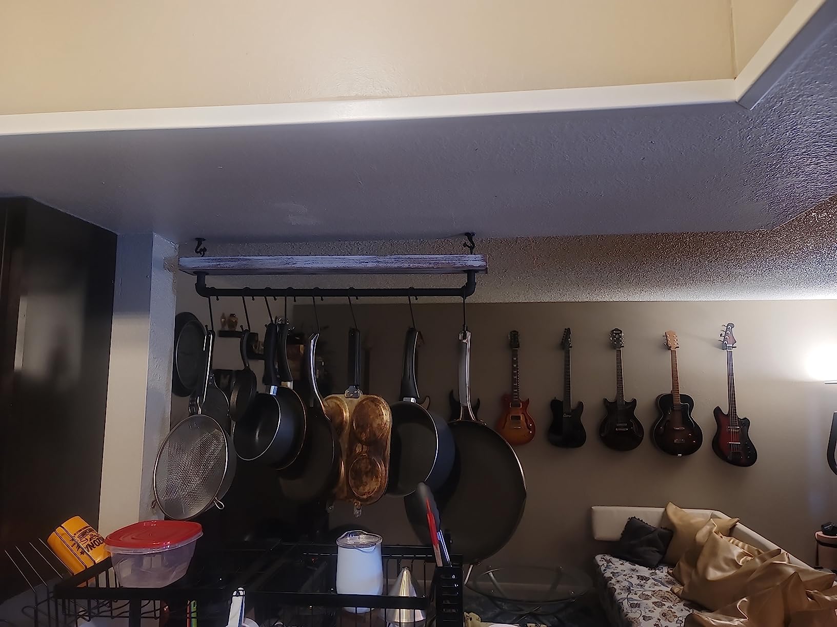 MyGift 30 Inch Ceiling or Wall Mounted Pot Rack with Rustic Brown Solid Wood Shelf and Industrial Matte Black Metal Pipe, Hanging Cookware Utensils Organizer with 8 S-Hooks customer photo 2