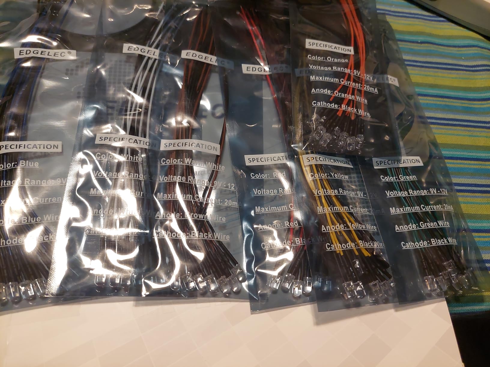56pcs (7 Colors x 8pcs) 12 Volt LED Lights Emitting Diodes Pre Wired DC 12v 5mm LED Assorted Kit Clear Lens- White Warm-White Red Yellow Green Blue Orange Small LED Lamps customer photo 1