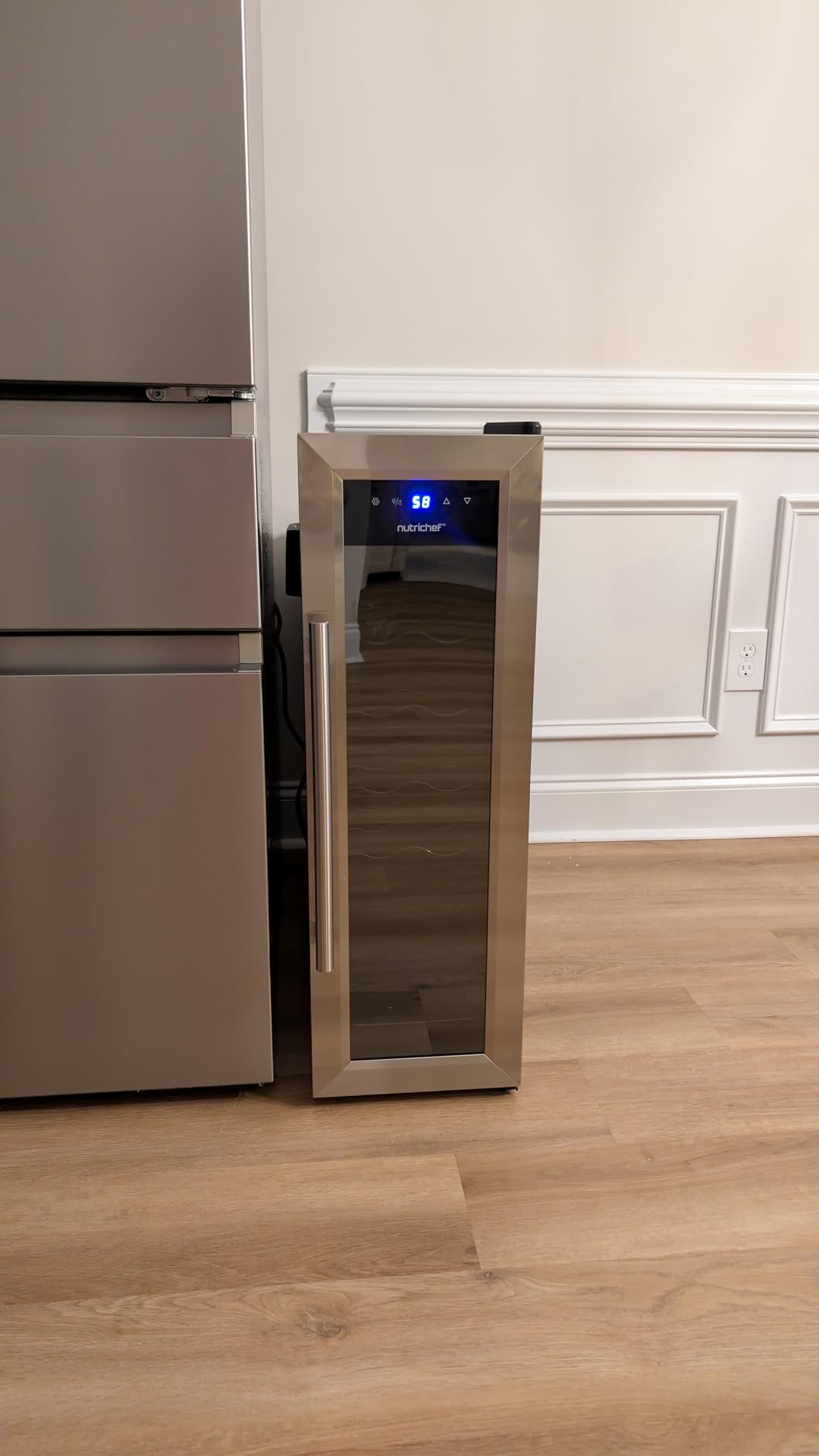 NutriChef 12 Bottle Stainless Steel Slim Wine Fridge | Red & White Wine Chiller | Adjustable Temperature Control, Ultra Quiet Operation & Energy Efficient | Mini Wine Cooler Refrigerator | 31x10x17 IN customer photo 1