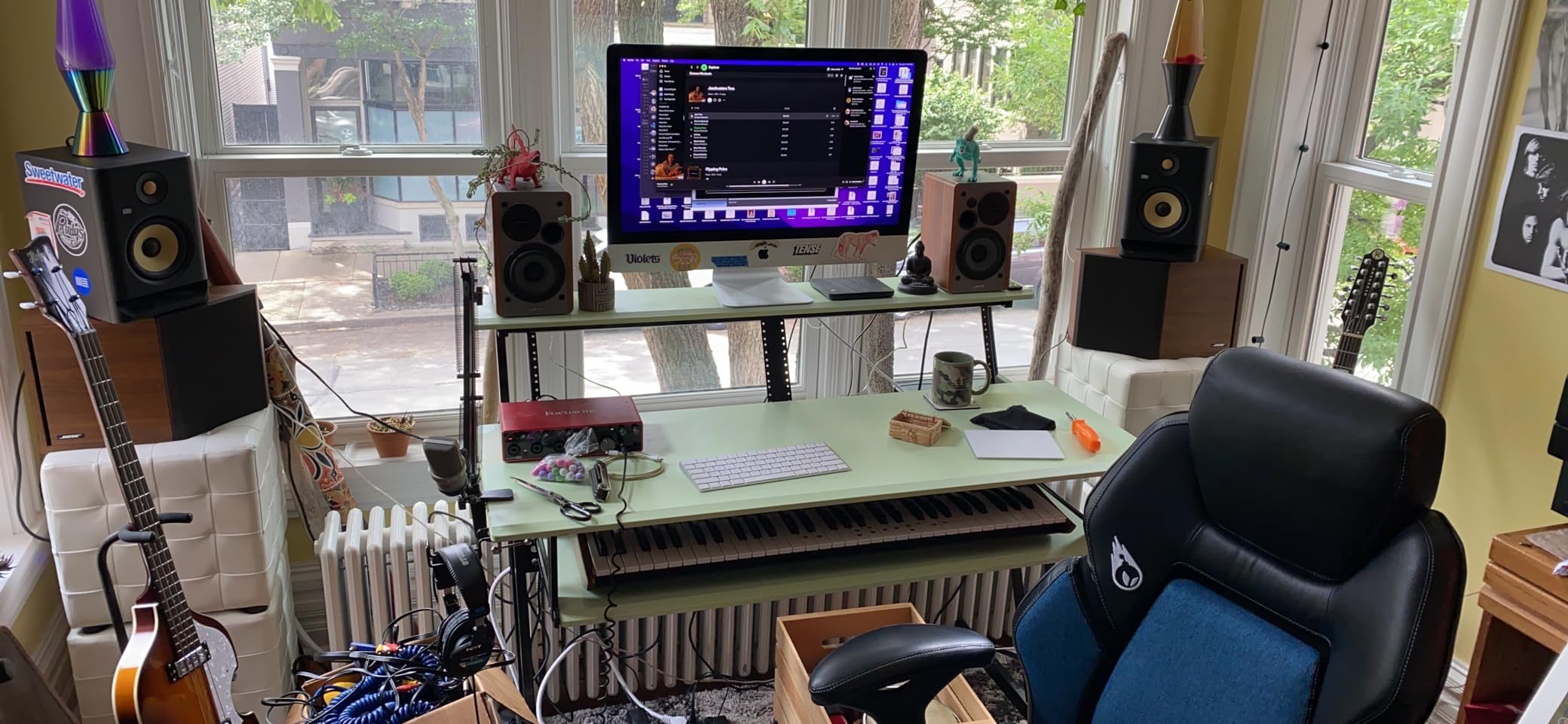 Acme 47 Inch Music Recording Studio Computer Gaming Wooden Desk with Sliding Keyboard Tray & Cup Holder, Wooden Top Shelf & Bottom Metal Frame, Casters Included, Easy Assembly, White & Black Finish customer photo 1