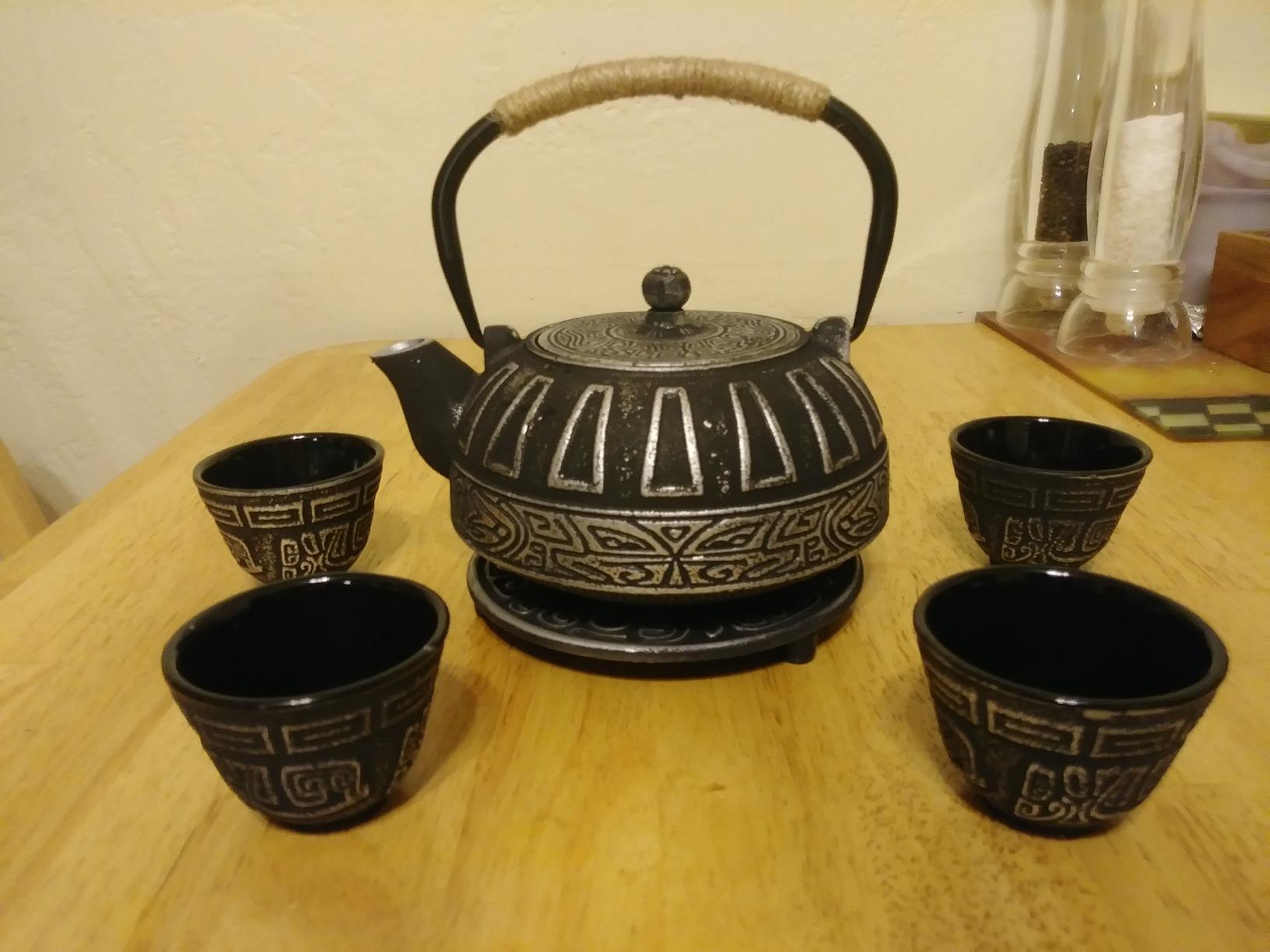 Cast Iron Tetsubin Kettle Teapot Set with Cups Trivet Infuser, Japanese Style Iron Tea Pot Set (Black, Magpie on the Plum Design) customer photo 2
