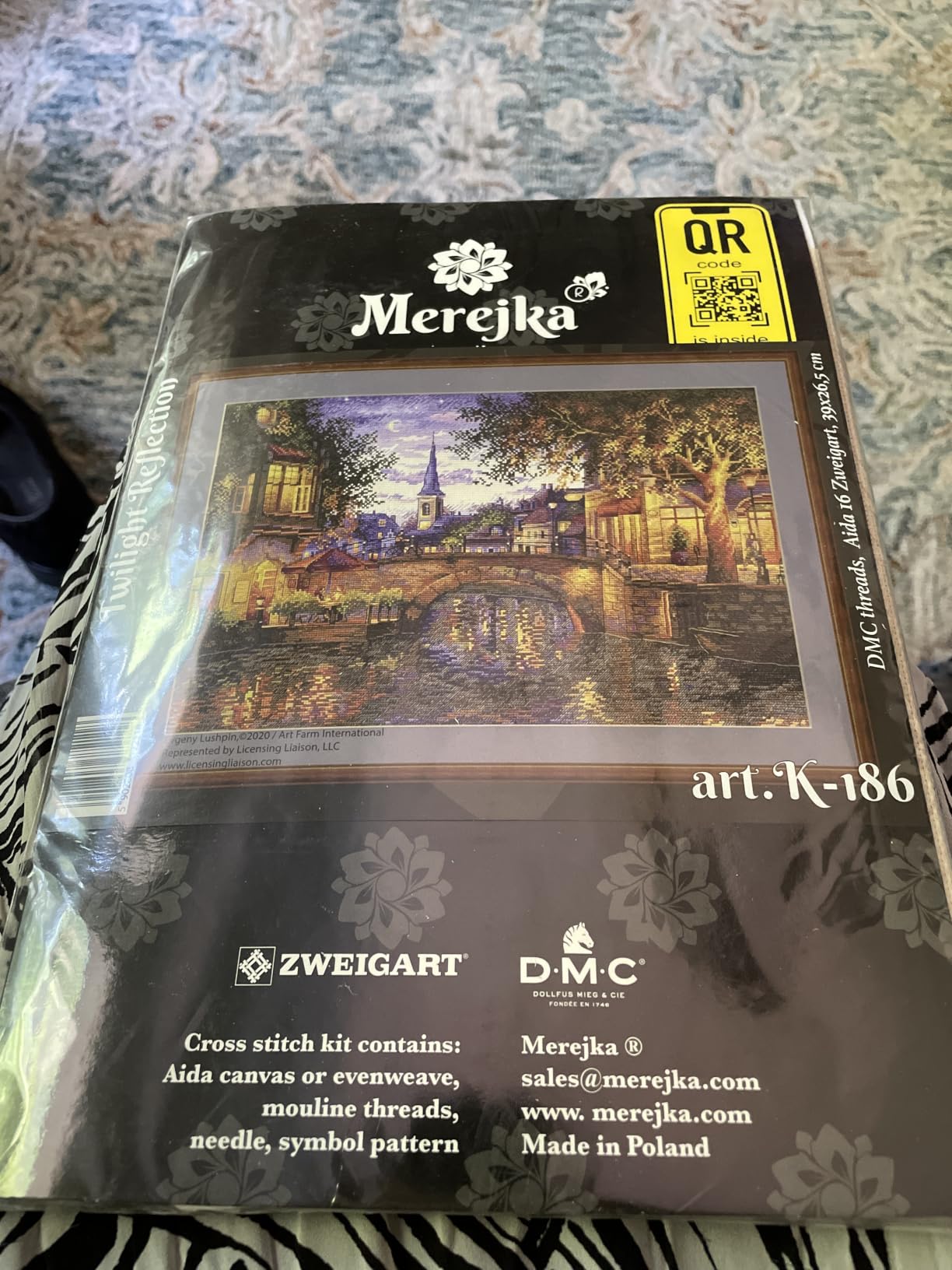 Merejka Cross Stitch Kit for Adults - Twilight Reflection (K-186) - Zweigart Aida 16 Cappuccino, DMC Threads, 31 Colors - 15.4