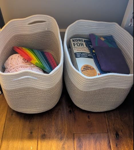 OrganiHaus Cotton Rope Baskets for Shelves, Set of 3, 15x9x10 | Handwoven; a toy bin and organizer for towels, books, or blankets; fits nursery, playroom, or bedroom decor customer photo 2