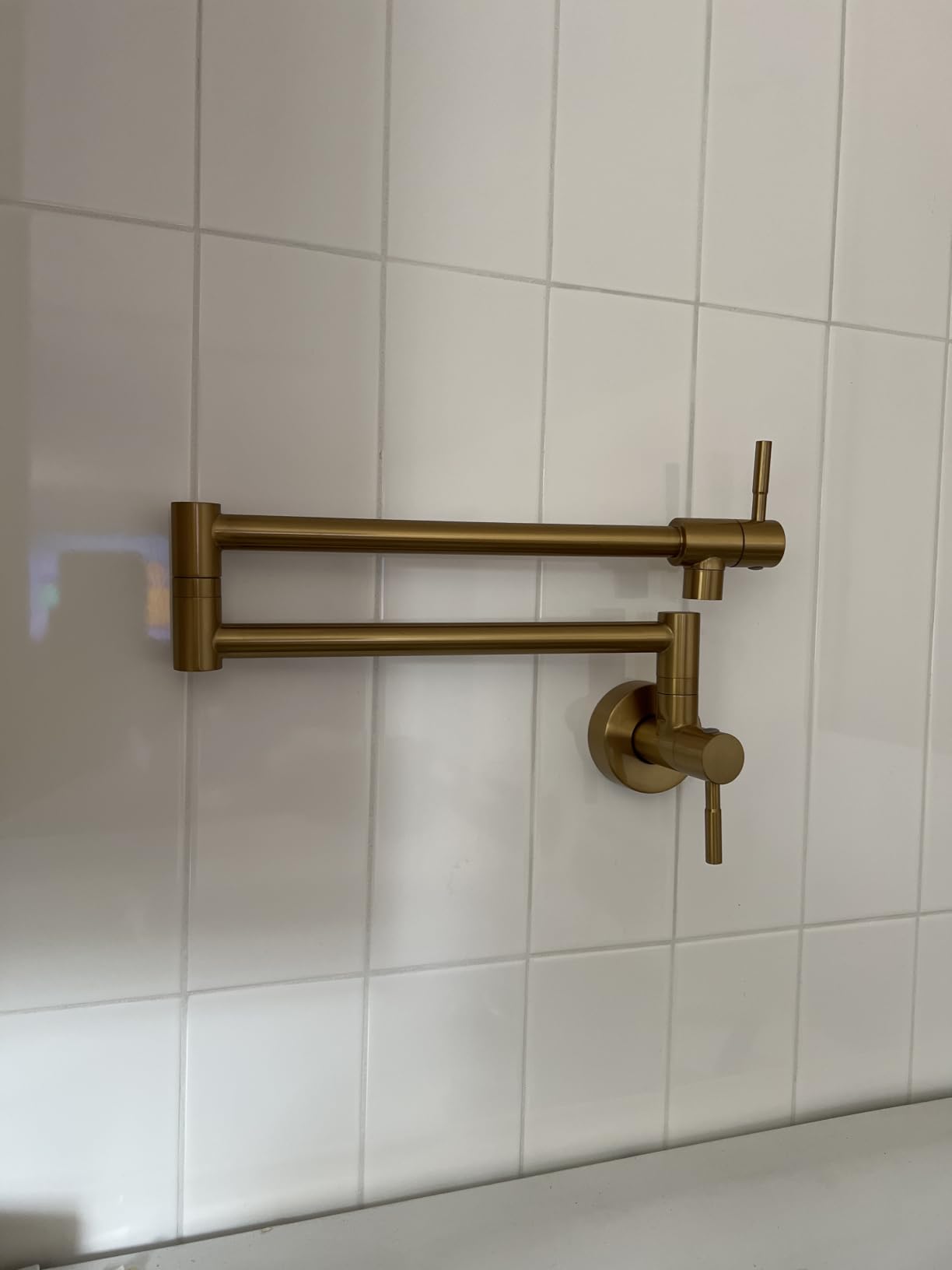 Fransiton Brushed Gold Pot Filler, Pot Filler Faucet Wall Mount, Brass Folding Stretchable with Double Joint Swing Arm Single Hole Two Handles Kitchen Restaurant customer photo 1