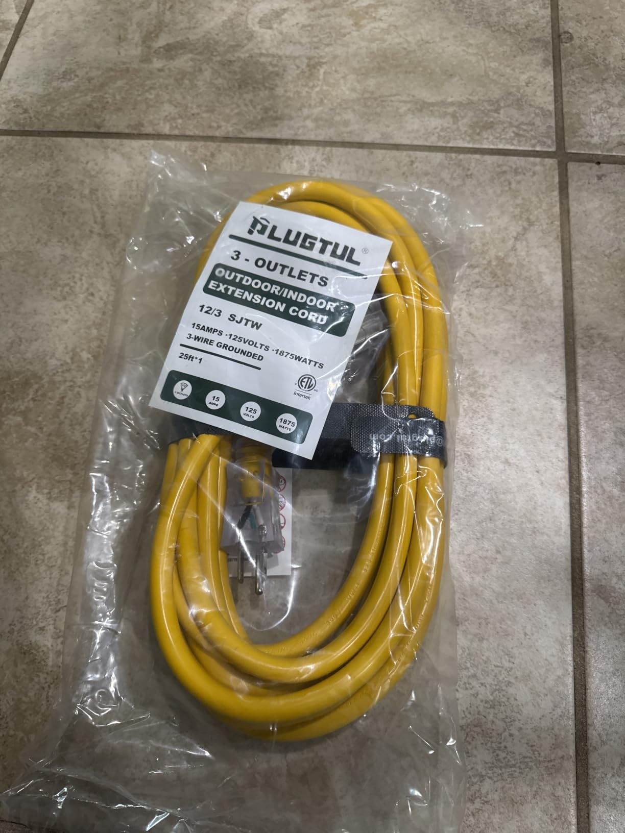 25Ft 12 Gauge Extension Cord with 3-Outlets | Heavy Duty Outdoor Extension Cord with Lighted end, 15A 1875W SJTW, ETL Listed - Great for Garage, Garden and Home, Yellow customer photo 1