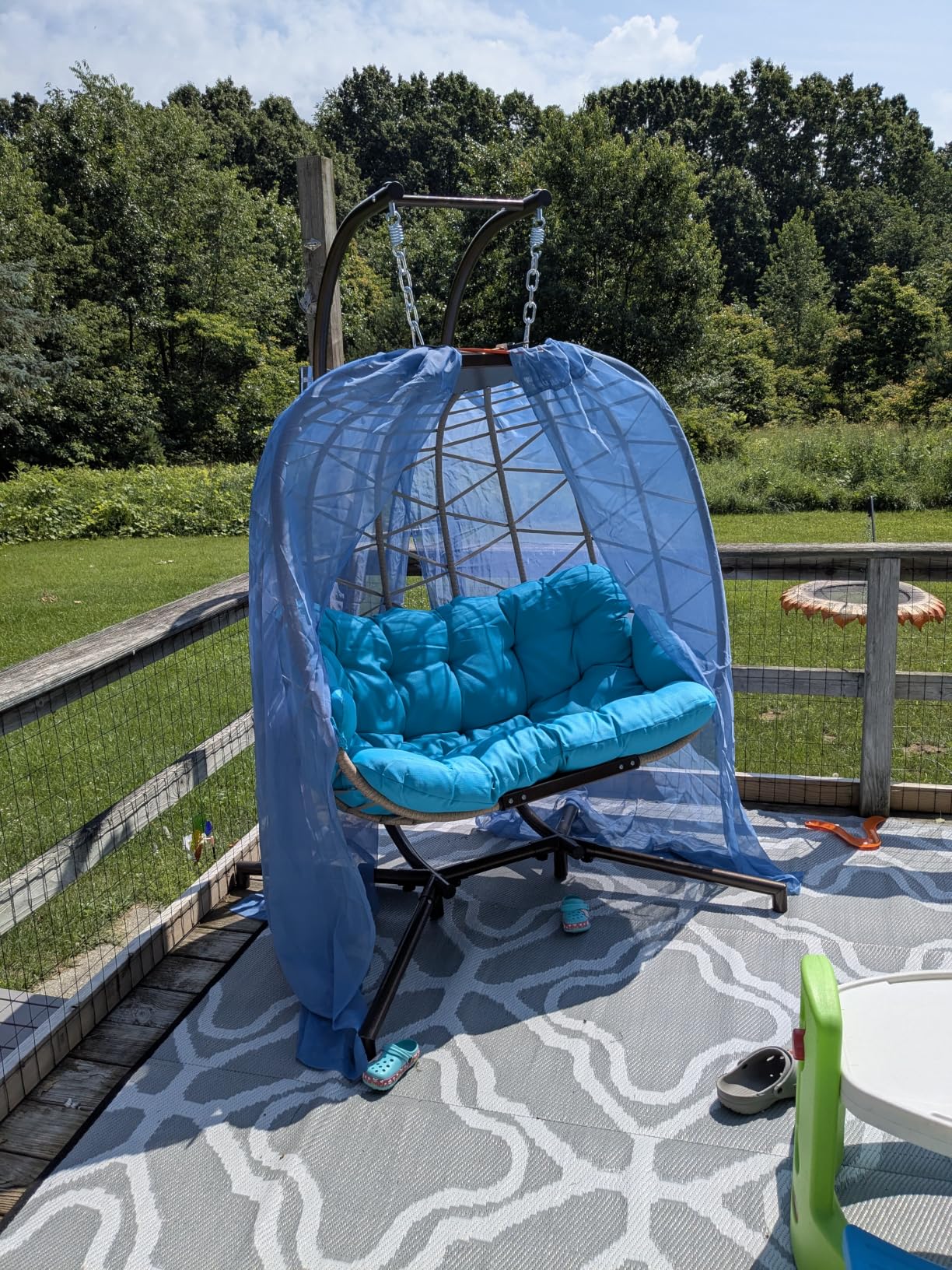 NICESOUL Double Swing Egg Chair with Stand, Extra Large 2 Person Indoor Outdoor Wicker Loveseat, Oversized Patio Hanging Basket Chair with Cushions, Cozy Sturdy Porch Swing for Backyard Balcony, Beige customer photo 2