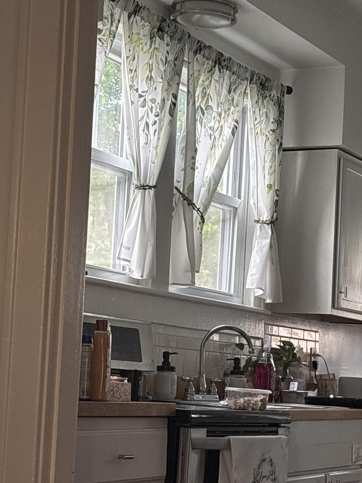 Eucalyptus Botanical Leaves Floral Kitchen Window Curtains Over Sink Boho Farmhouse Flower Leaf Small Window Treatment Sage Green Cafe Short Curtains for Bathroom Tier Drapes 27.5x39 inch customer photo 2