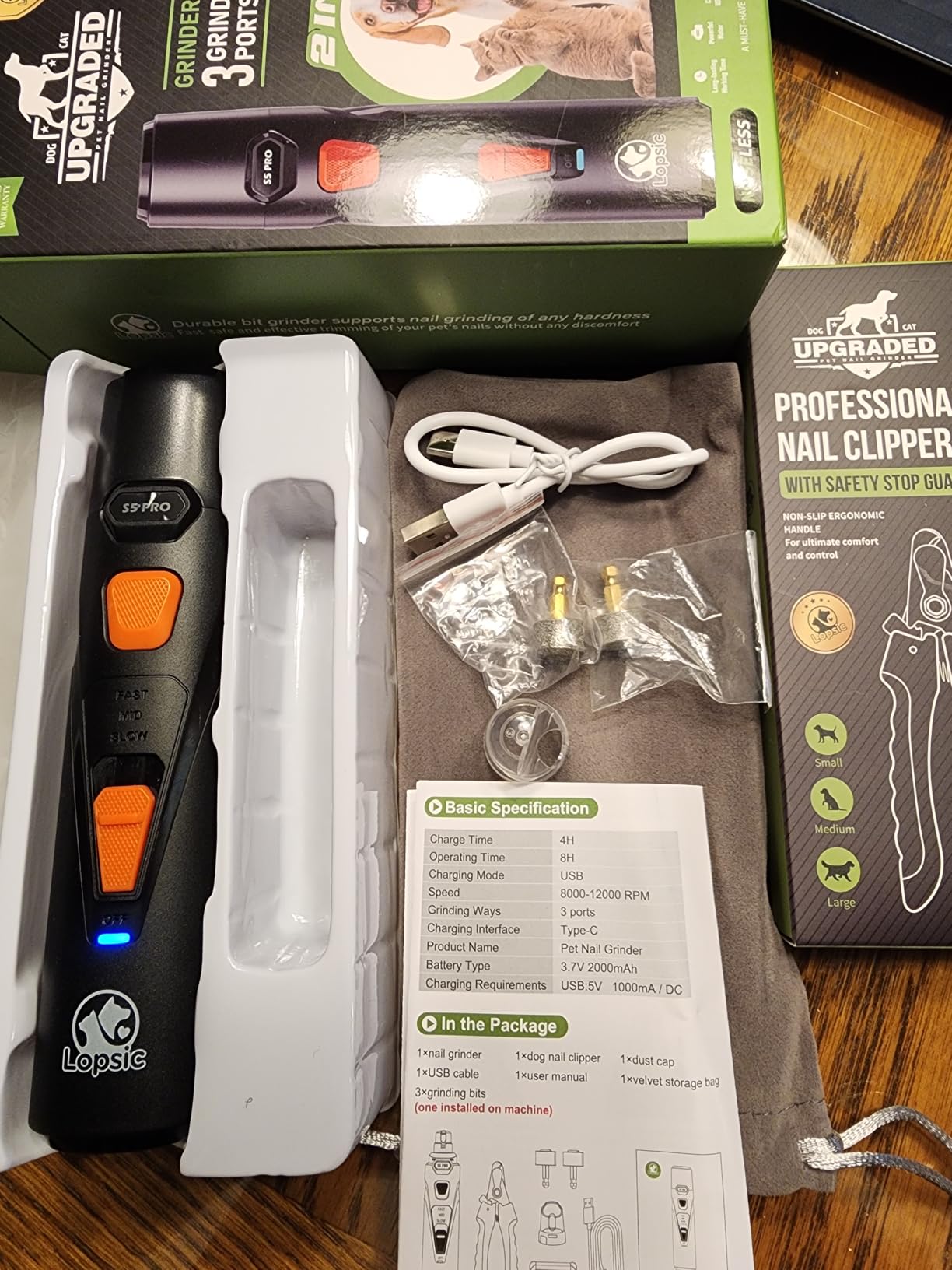 Whisper Quiet Dog Nail Grinder Safe & Stress-Free for Sensitive Dogs Cats | 4 LED Lights, 3 Grinding Bits, 3-Speed, Pet Nail Trimmers, Rechargeable Painless Grooming Kit for All Breeds & Sizes customer photo 1