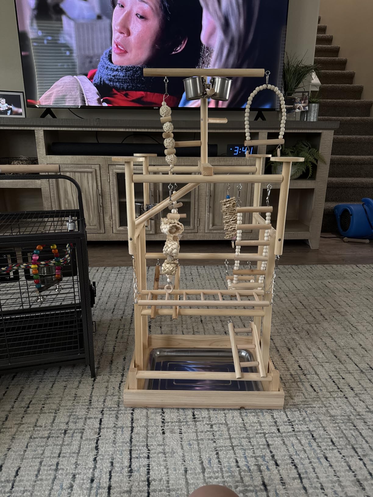 LIMIO Bird Playground - Natural Wood Parrot Playstand with Perches, Bird Play Gym & Accessories, Removable Tray & 4 Stainless Steel Cups customer photo 2
